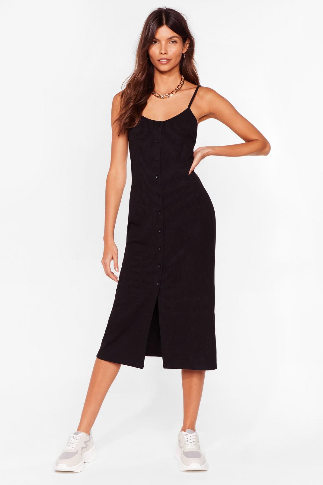 Black Ribbed Button Down Cami Midi Dress image number 1