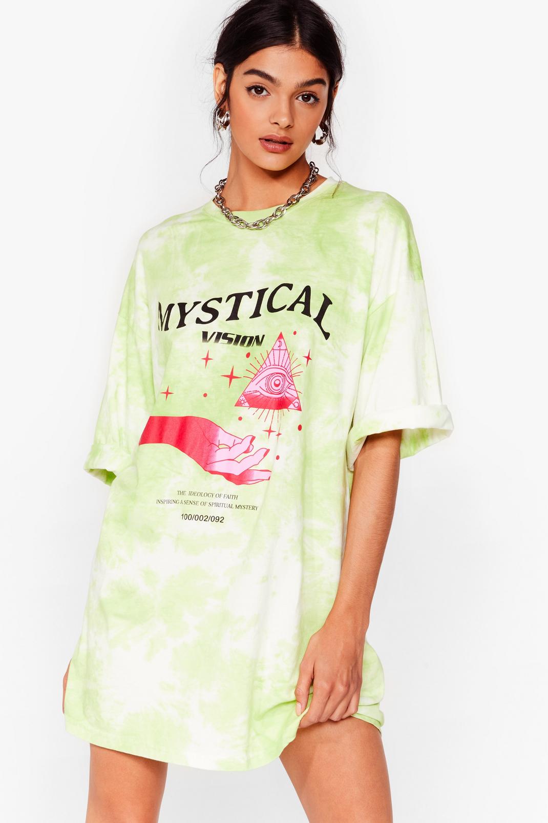 Green Mystical Vision Tie Dye Graphic T-Shirt Dress image number 1