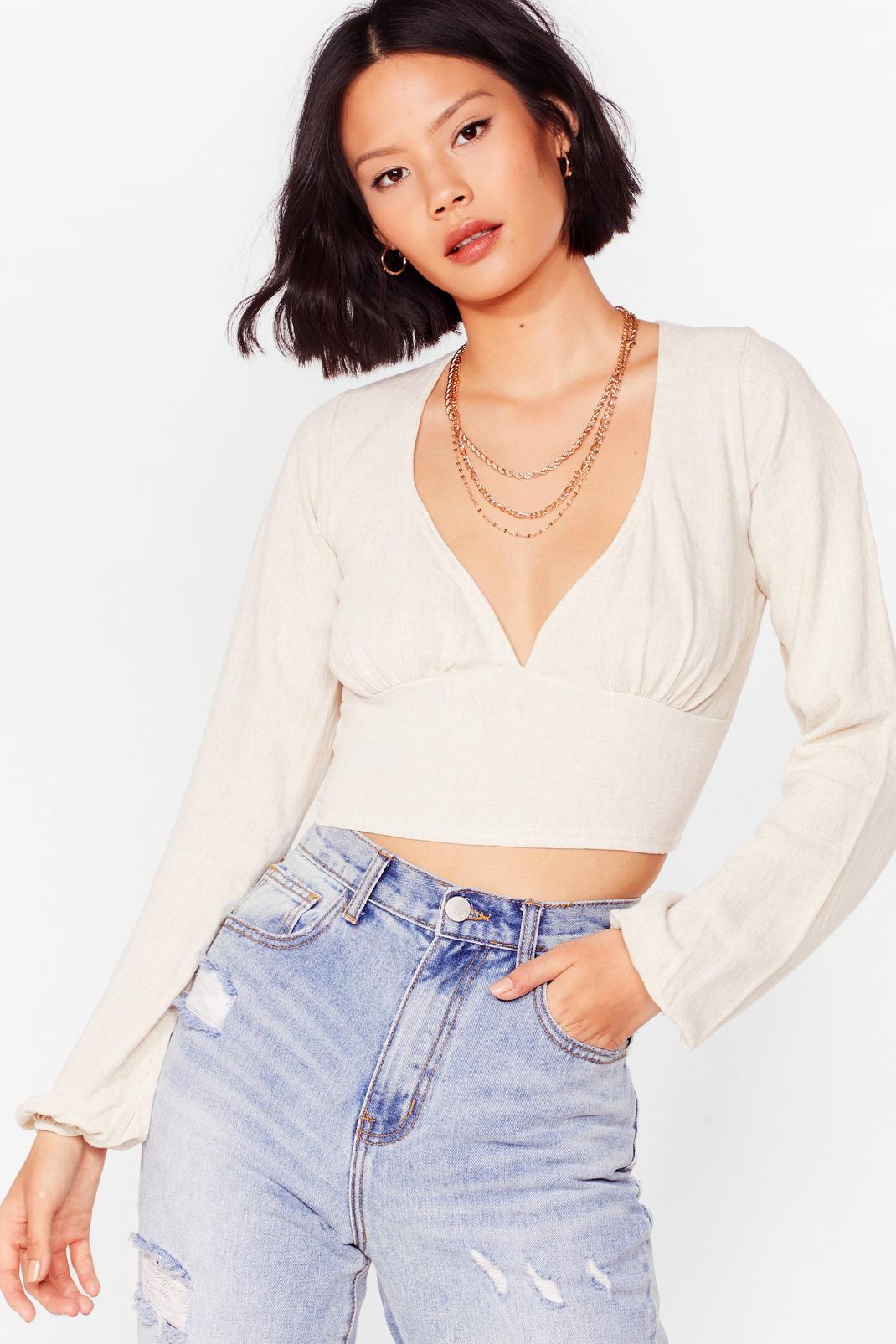 Linen to the Rhythm Puff Sleeve Cropped Top image number 1