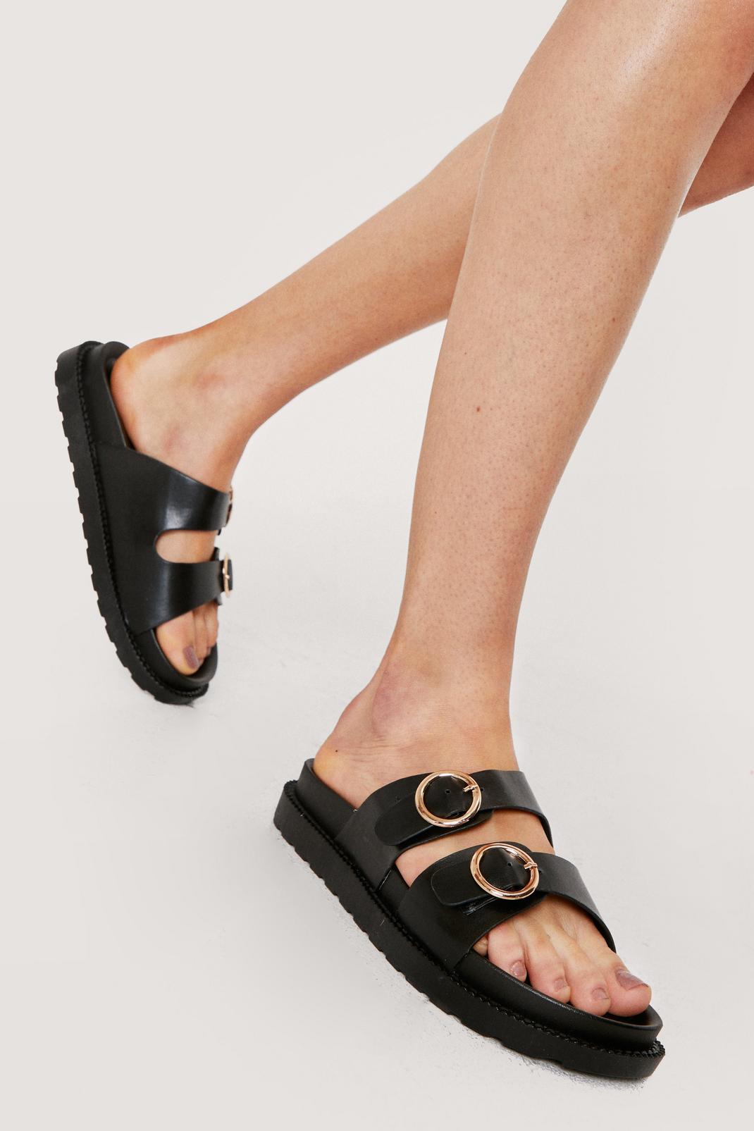 Black Round Double Buckle Moulded Footbed Sandals image number 1
