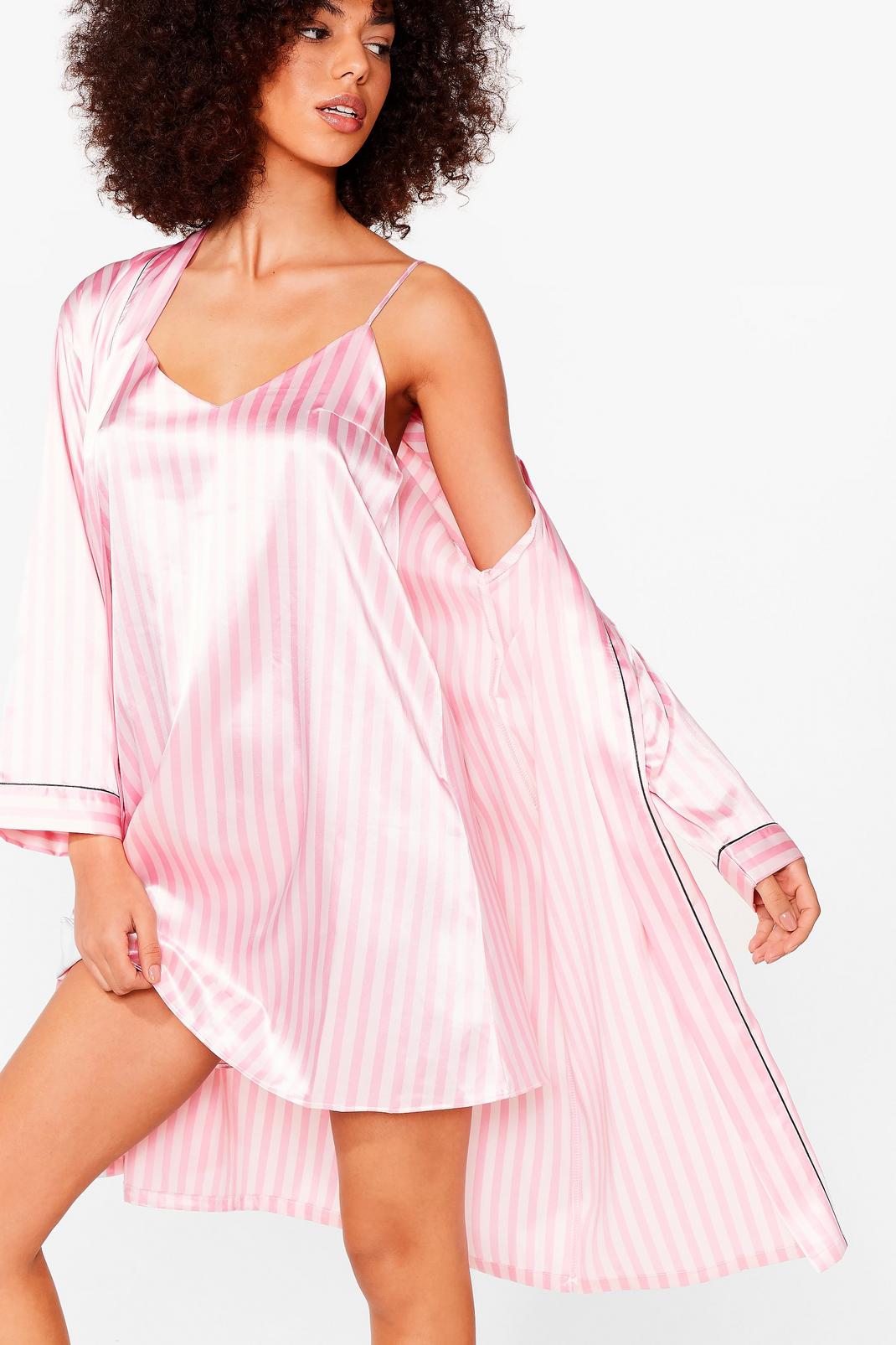 Pink Just Satin Bed Striped Night Shirt and Nightie Set image number 1