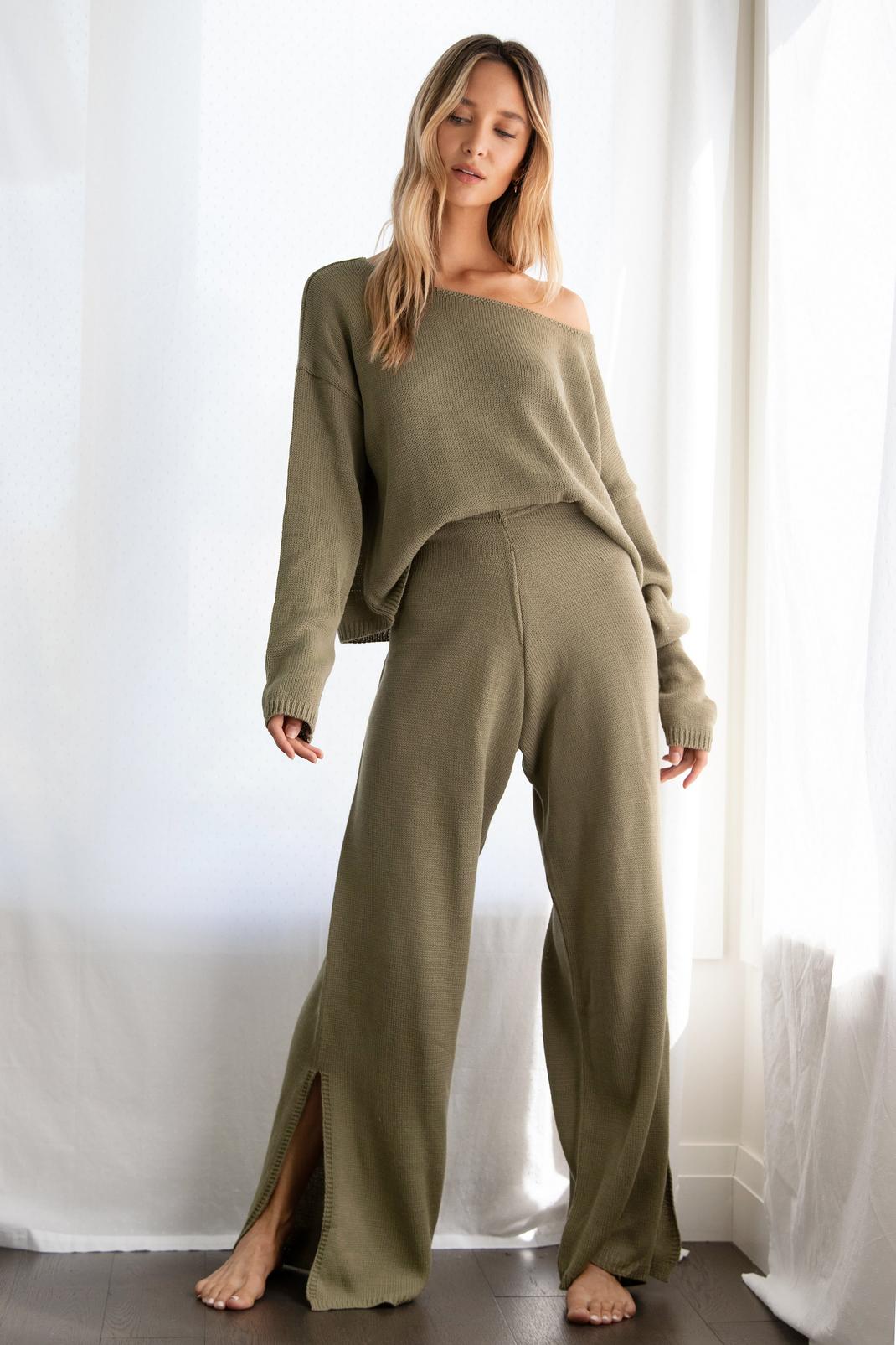 Olive We Lounge Love Knitted Jumper and Trousers Set image number 1