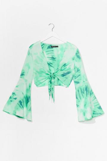 Green Cropped Tie Dye Flare Sleeve Top