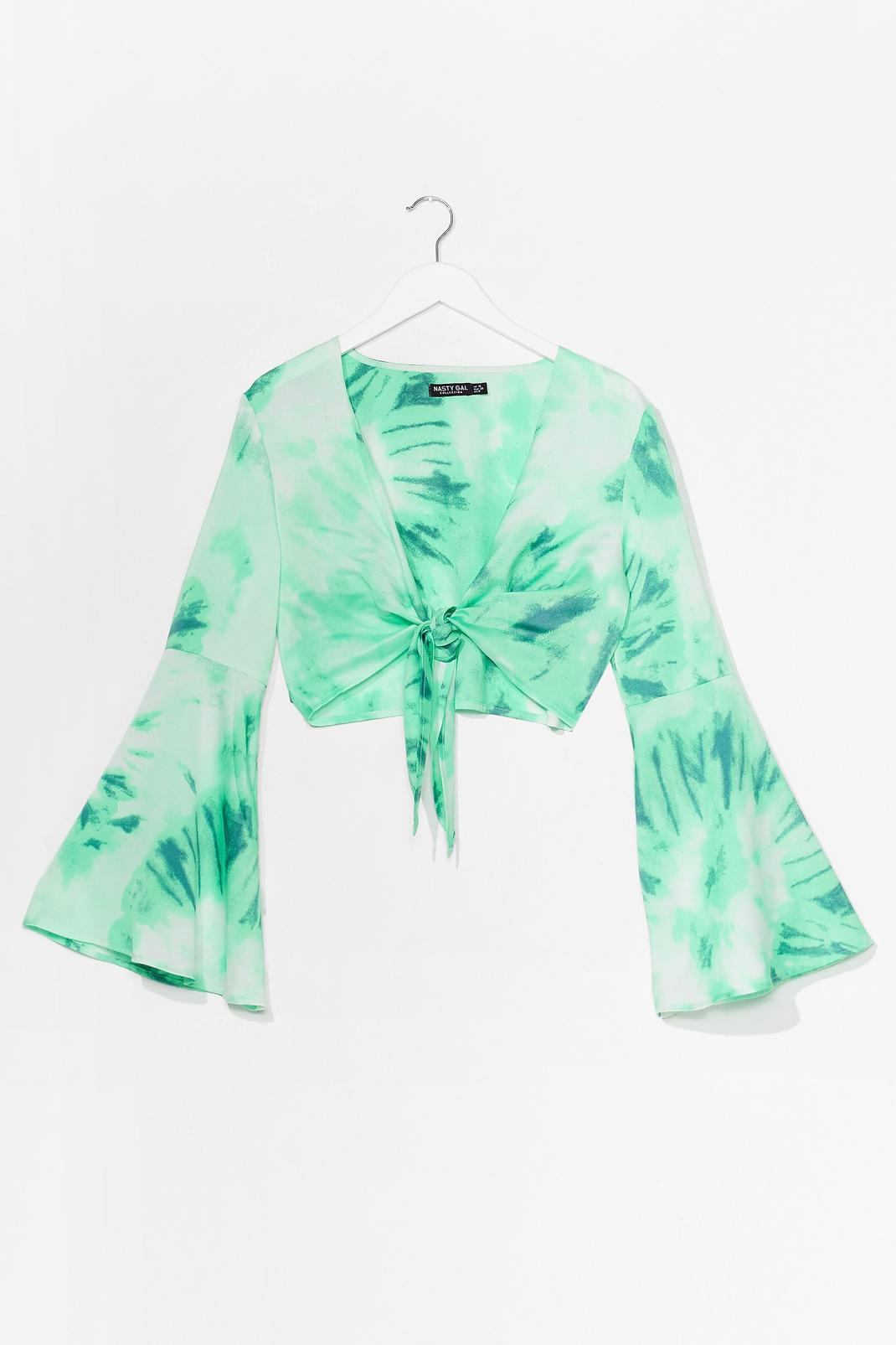 Green Cropped Tie Dye Flared Sleeve Top image number 1