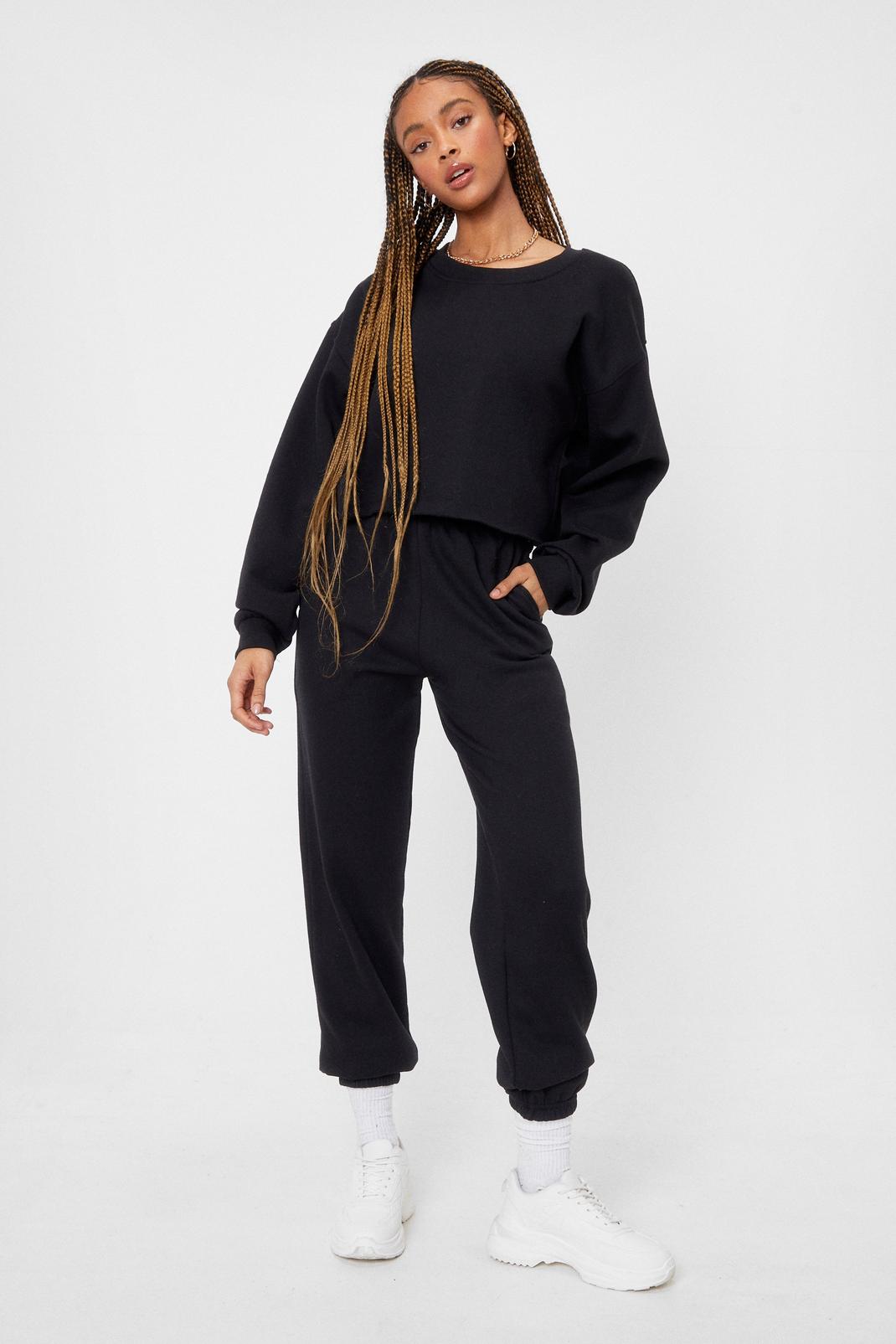 Black Cropped Crew Neck Sweatshirt and Trousers Set image number 1