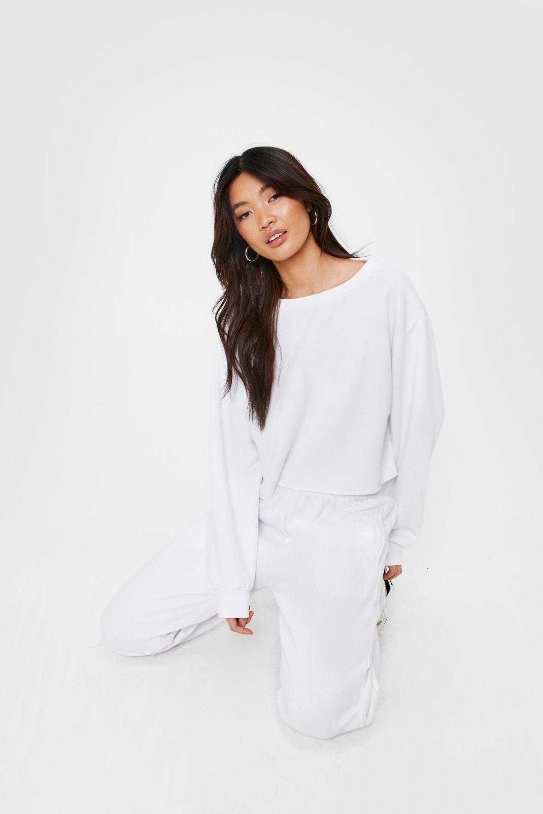White Cropped Crew Neck Sweatshirt and Trousers Set image number 1