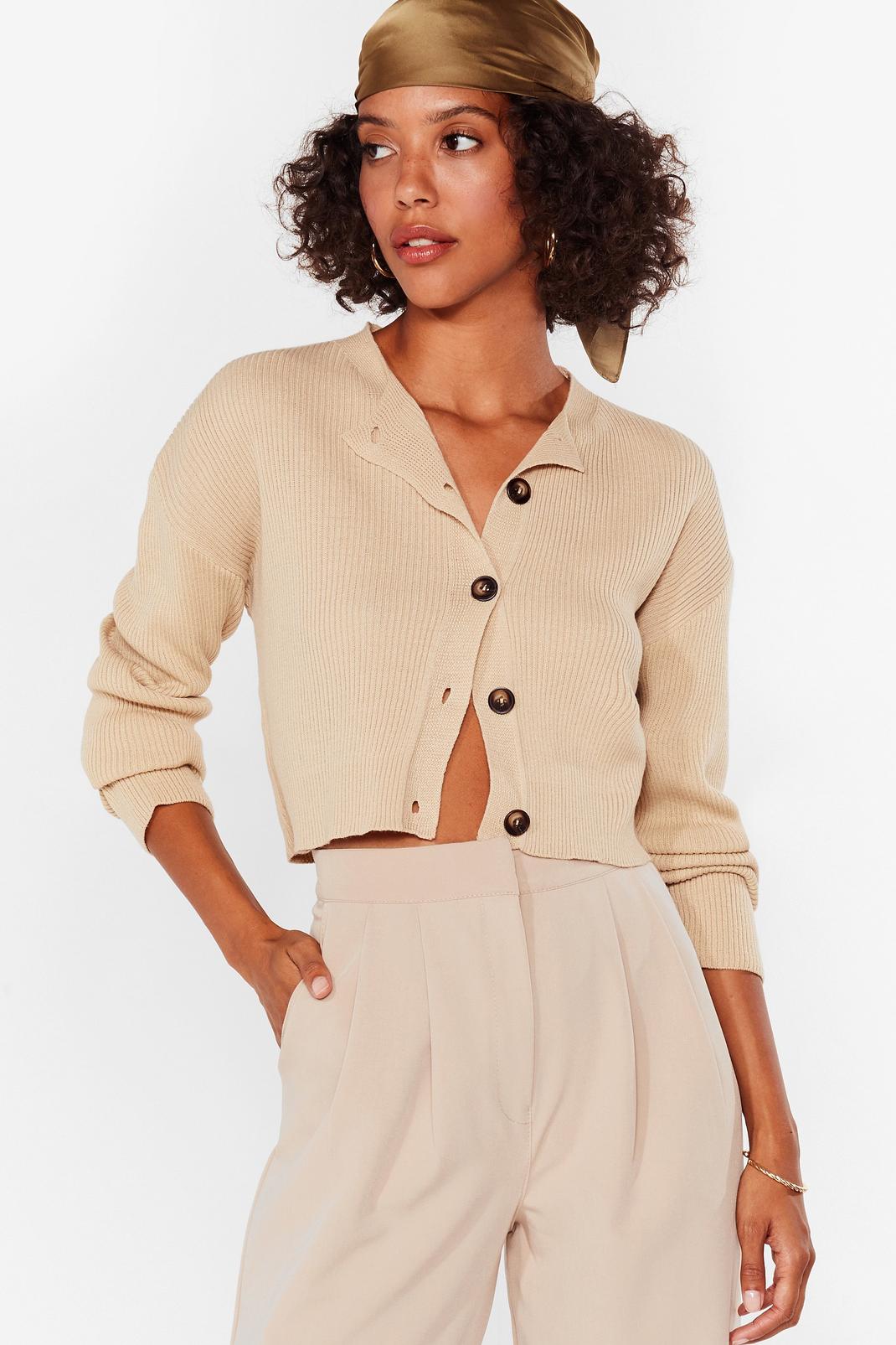 Camel Ribbed Knit Button Down Crop Cardigan image number 1