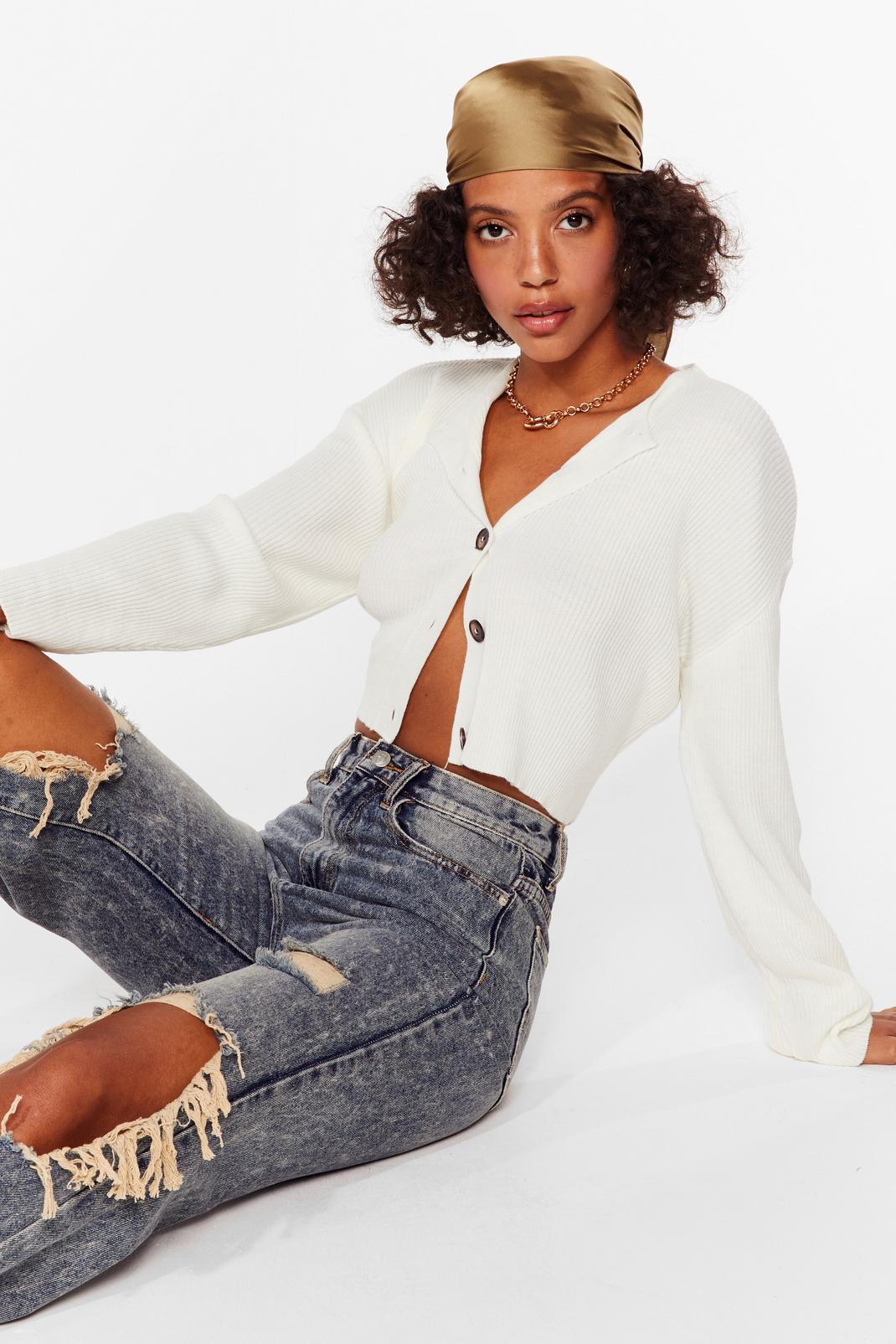 Cream Ribbed Knit Button Down Crop Cardigan image number 1