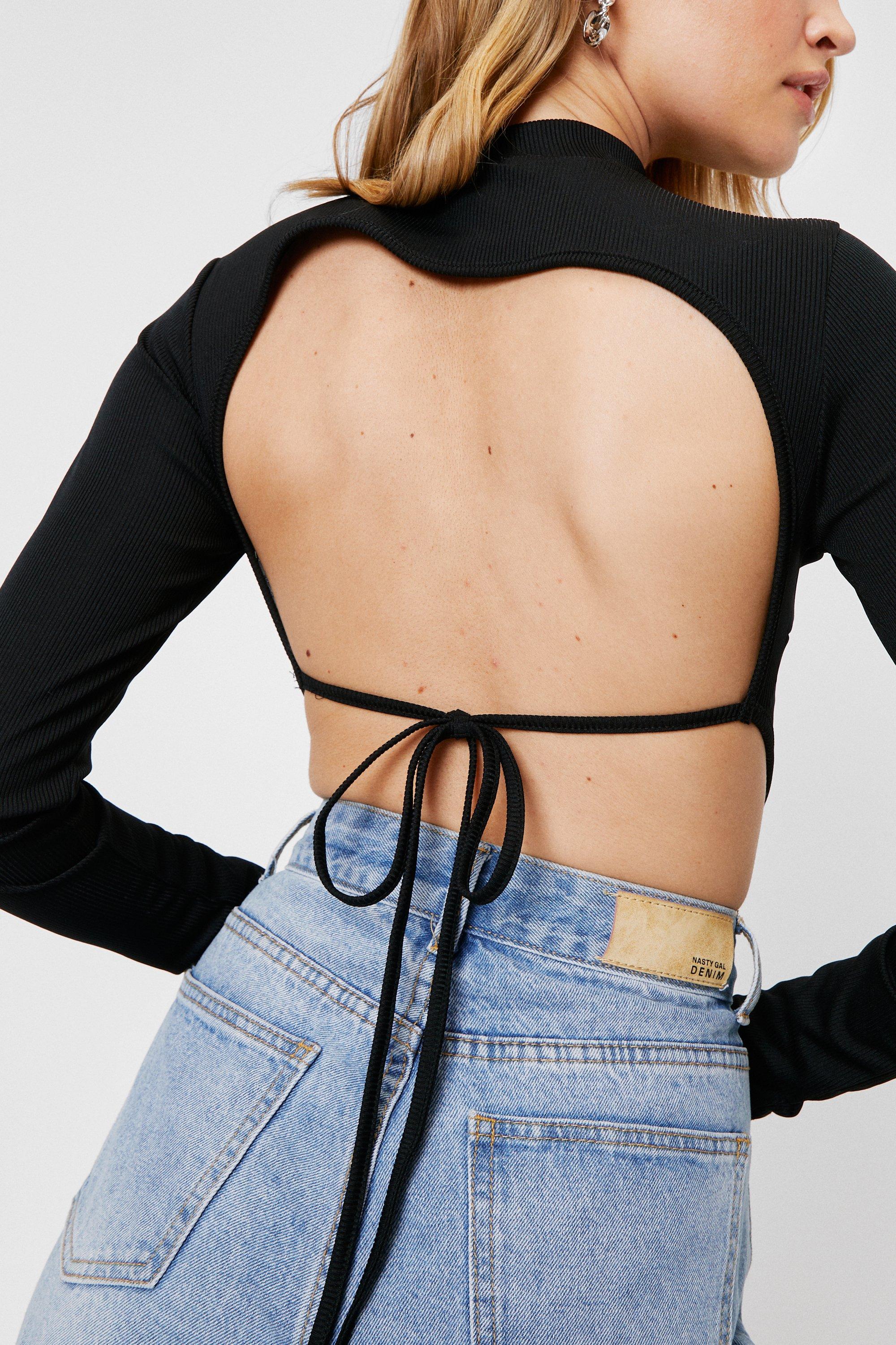 Ribbed Backless Long Sleeve Crop Top ...