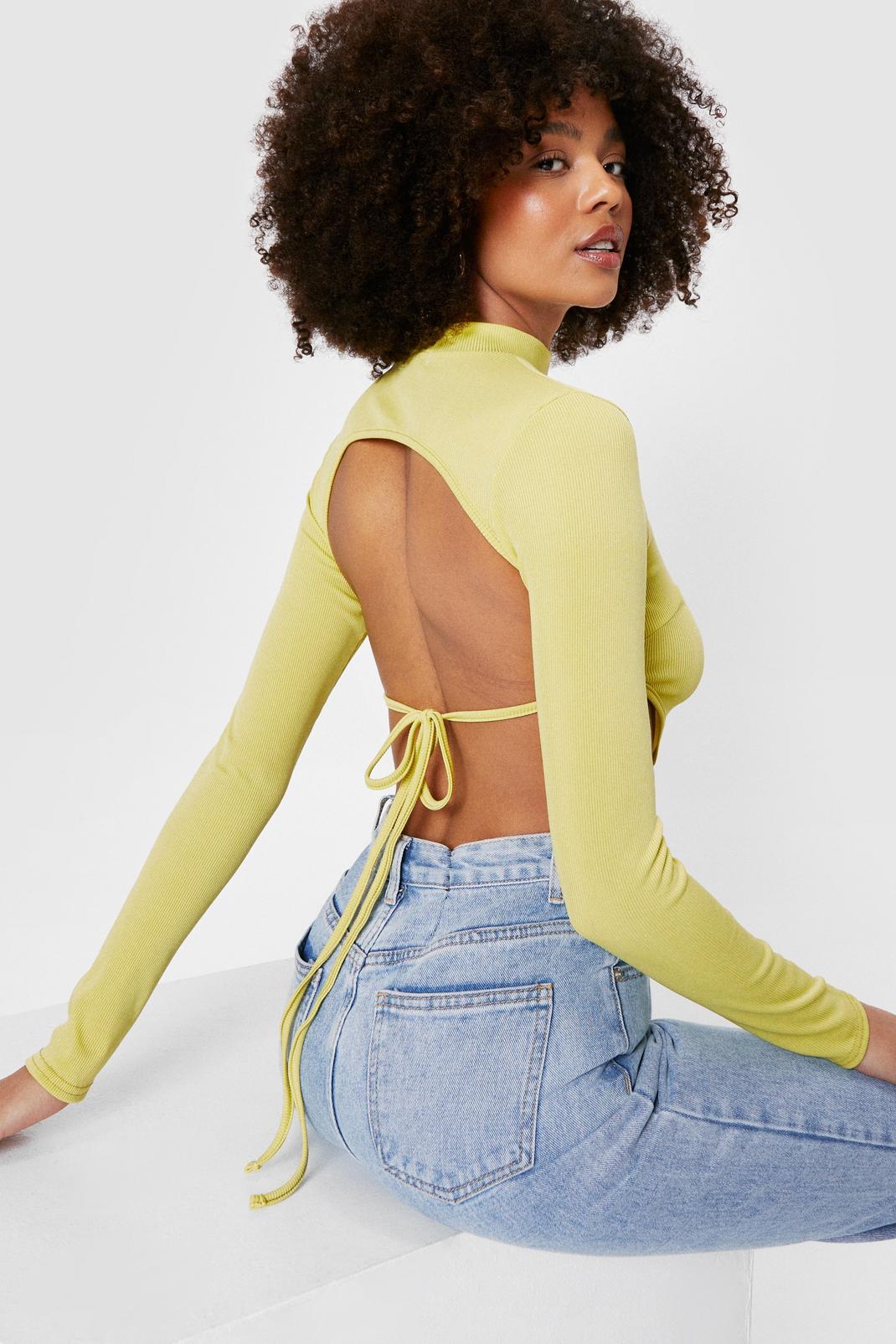Lime Ribbed Backless Long Sleeve Crop Top image number 1