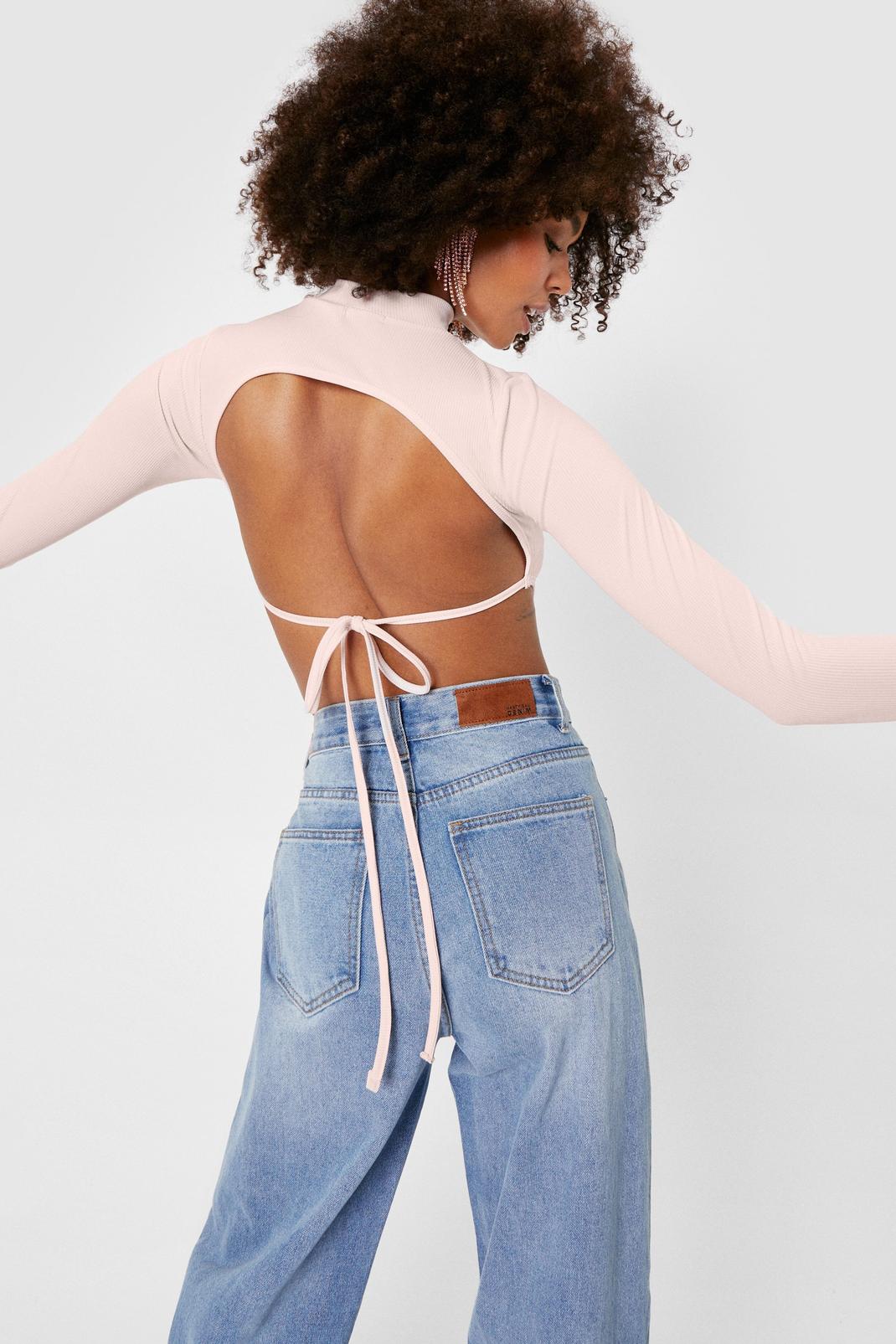 Pink Ribbed Backless Long Sleeve Crop Top image number 1
