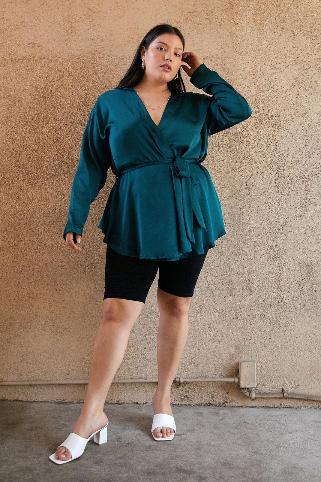Teal Plus Size Belted Satin Wrap Blouse image number 1