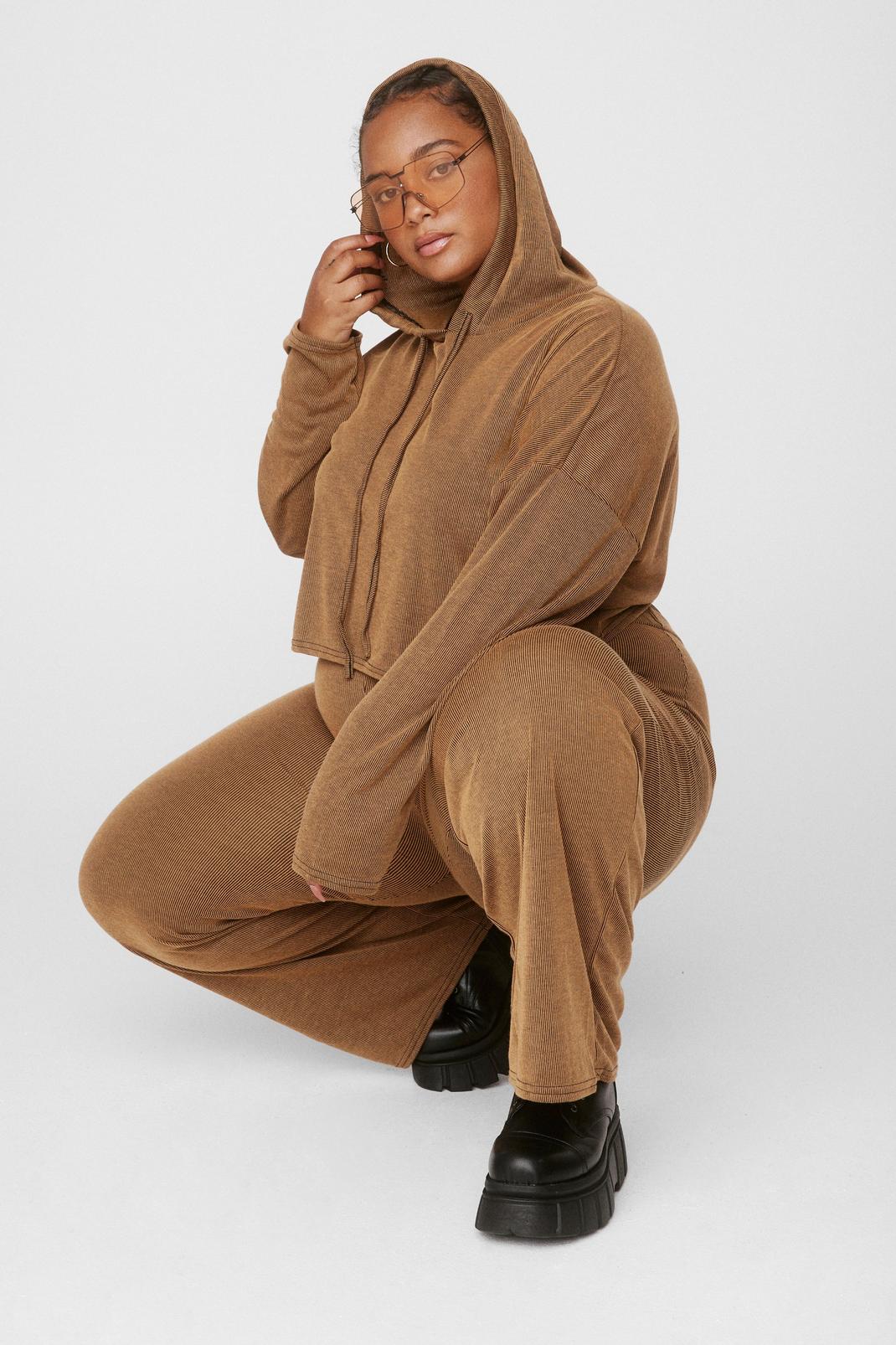 Grande taille - Ensemble de confort sweat à capuche & pantalon large côtelés, Camel image number 1