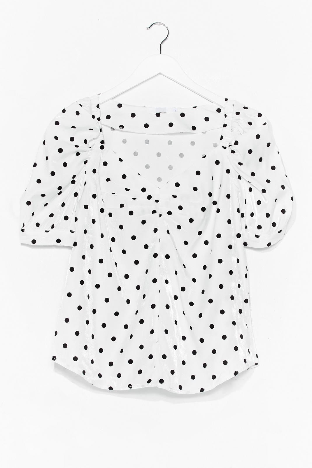 White Polka Dot Puff Sleeve Ruched Top image number 1