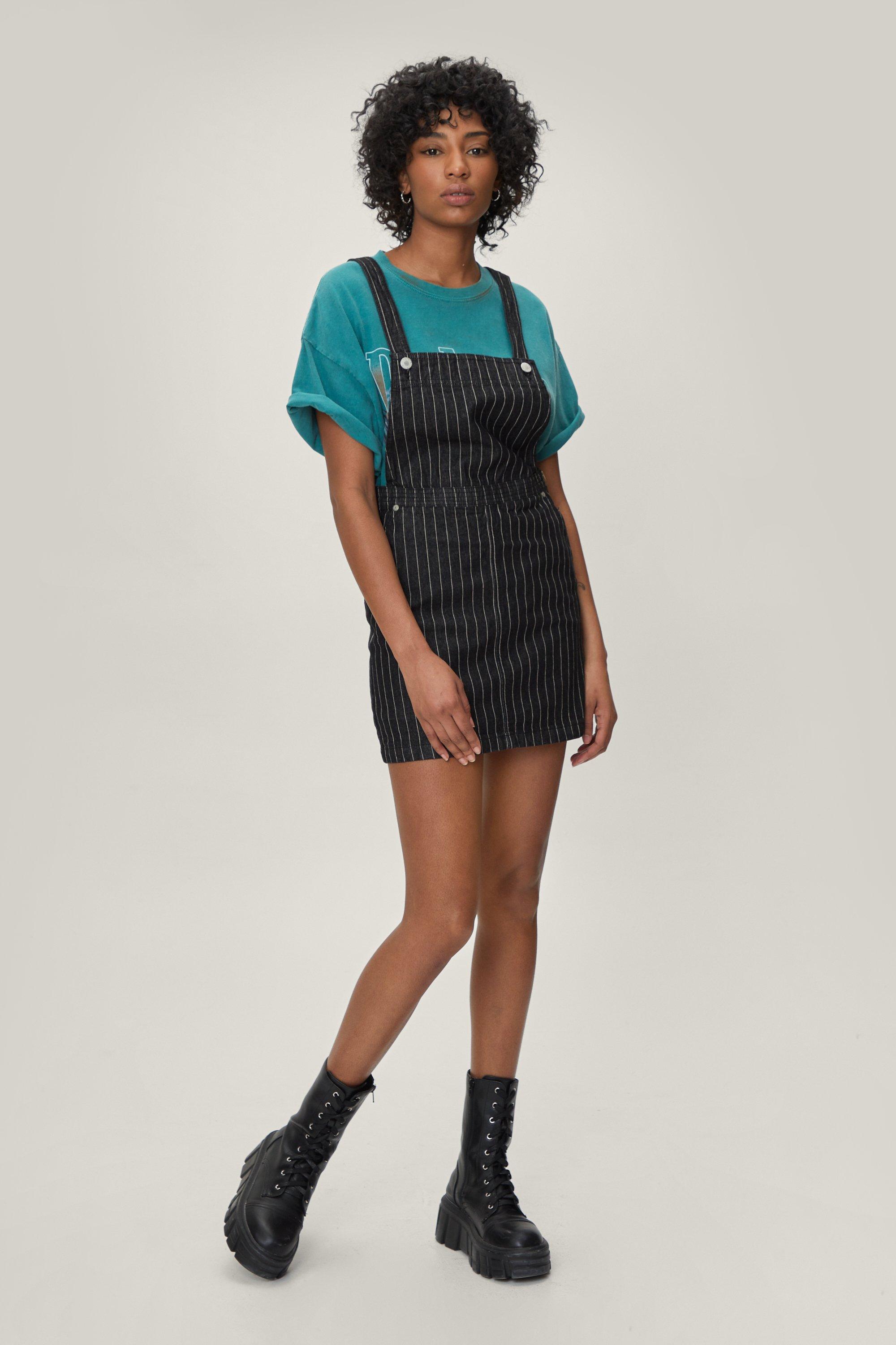 Striped Washed Denim Dungaree Dress Nasty Gal