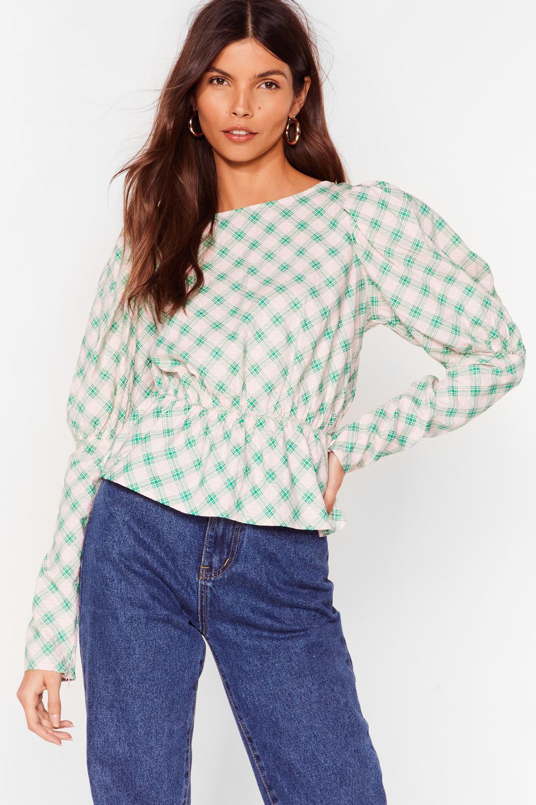 Pink Check Puff Sleeve Open Back Blouse image number 1