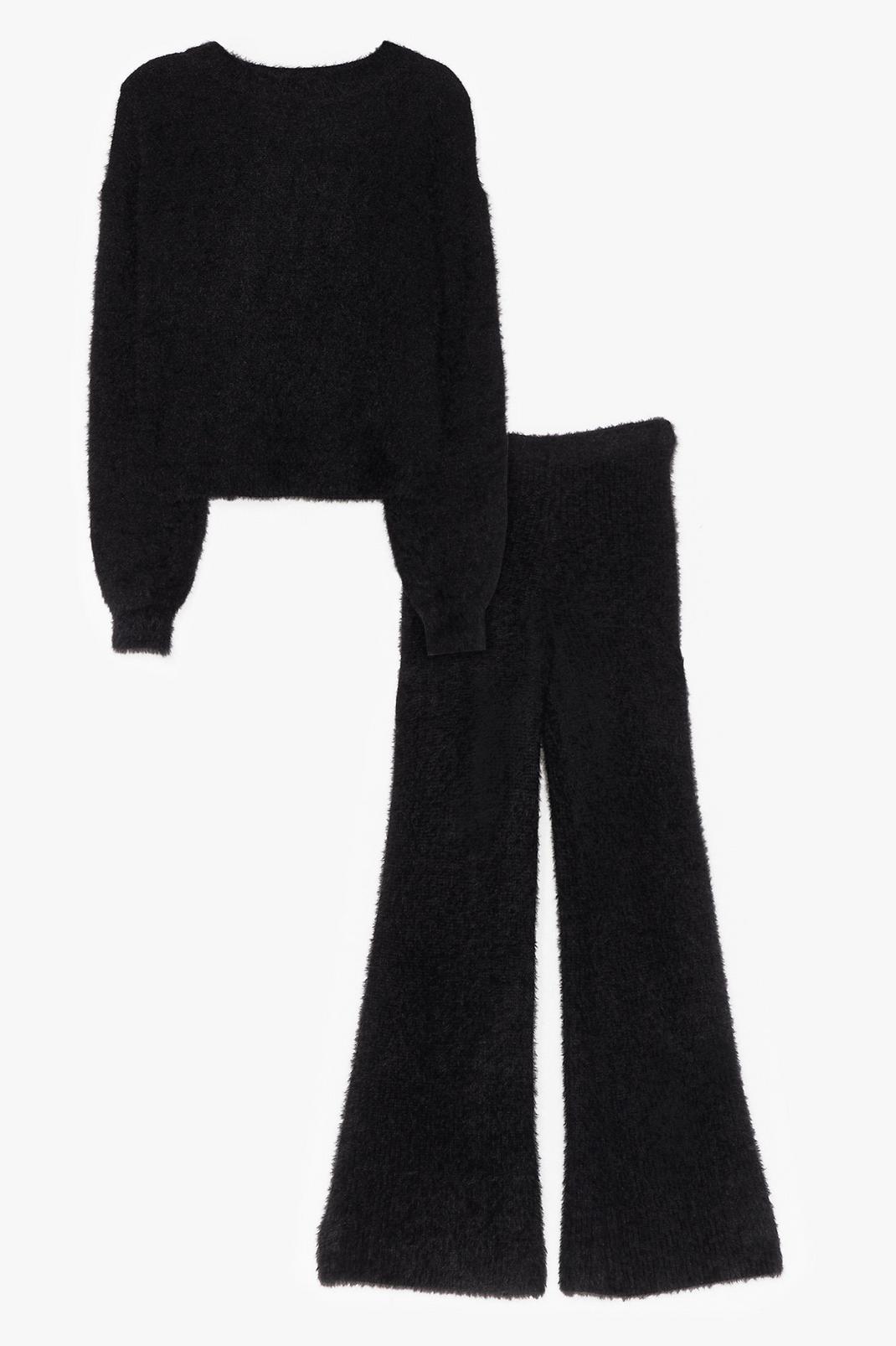 Black Fluffy Knit Wide Leg Trousers Set image number 1