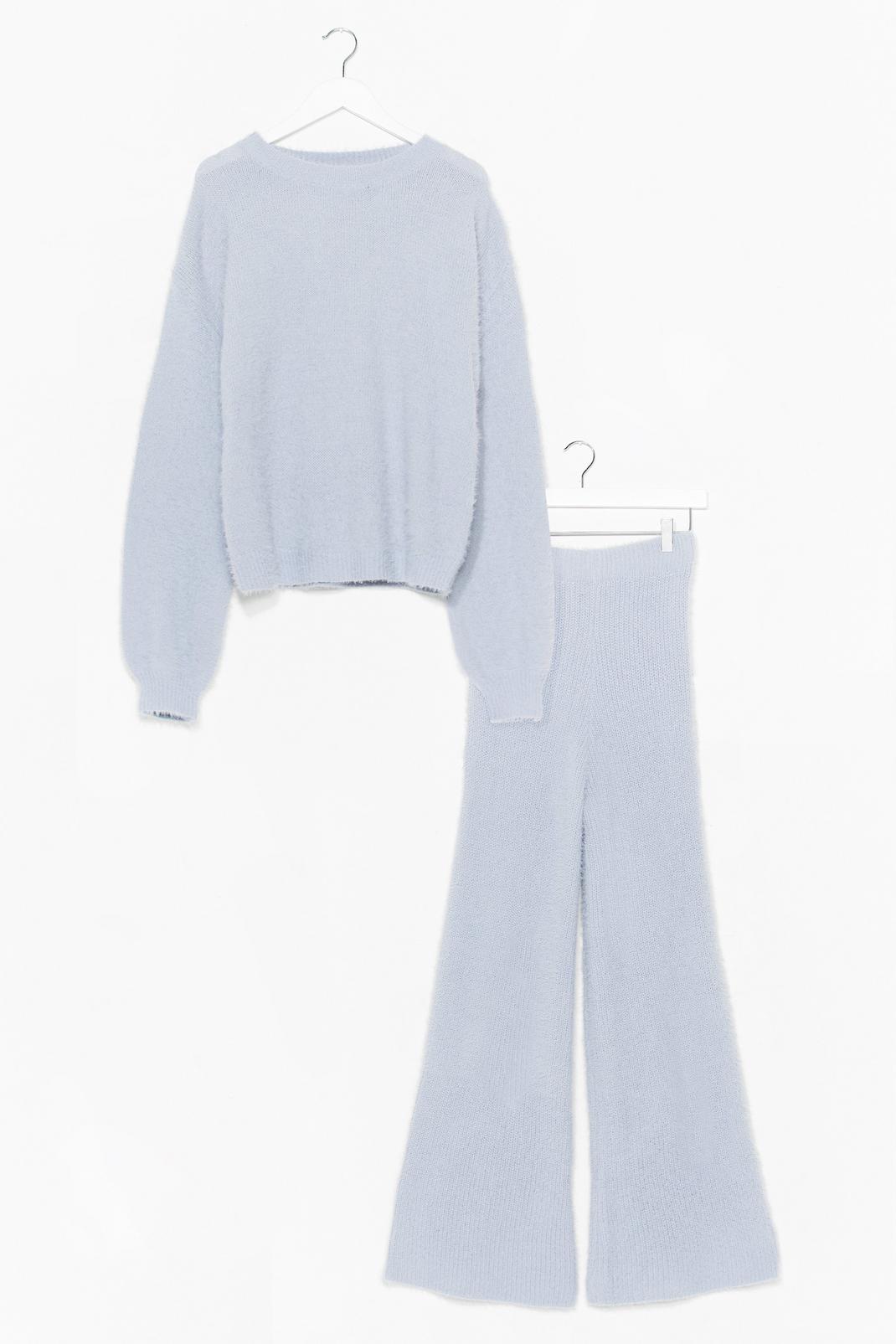 Dusty blue Fluffy Knit Wide Leg Trousers Set image number 1