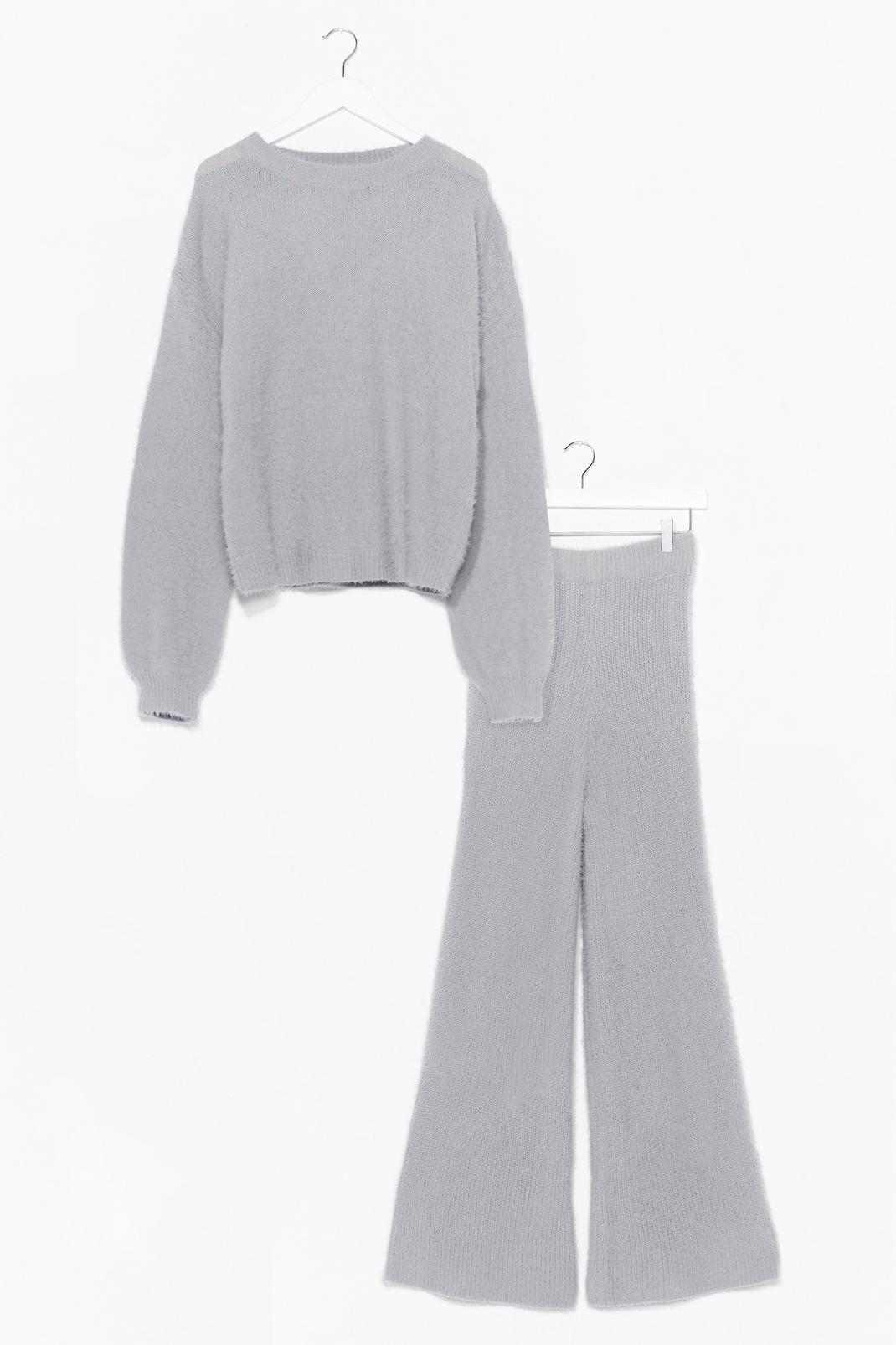 Grey Fluffy Knit Wide Leg Trousers Set image number 1