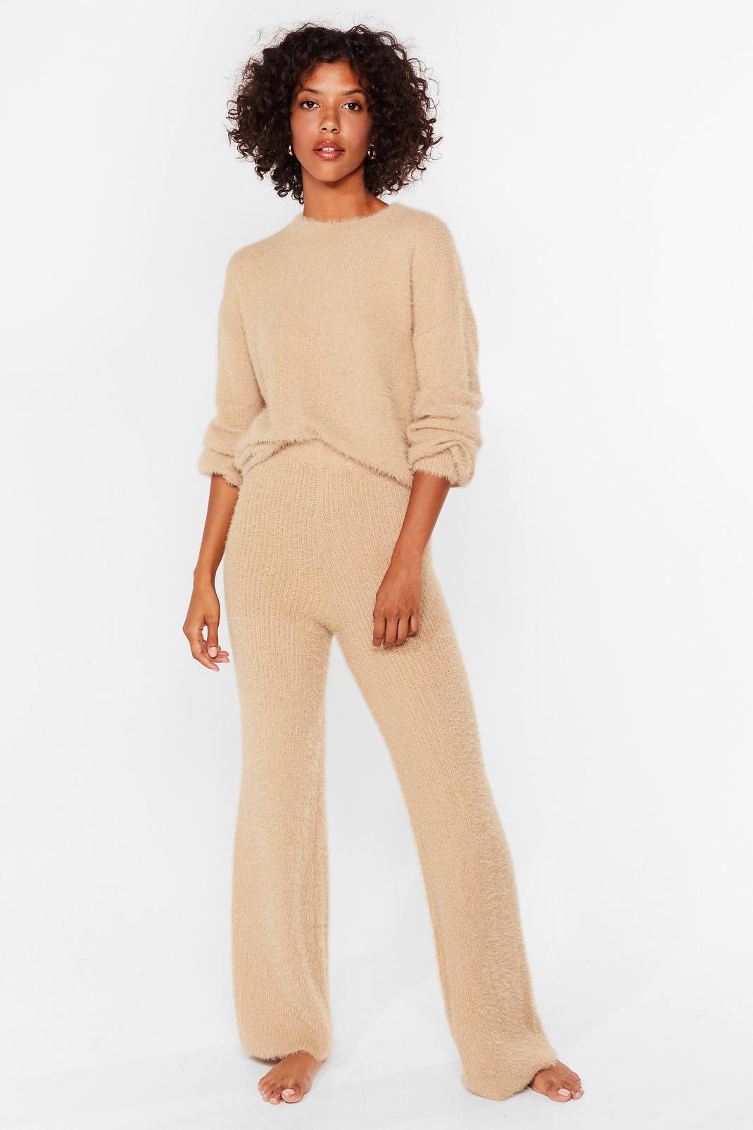 Oatmeal Fluffy Knit Wide Leg Trousers Set image number 1