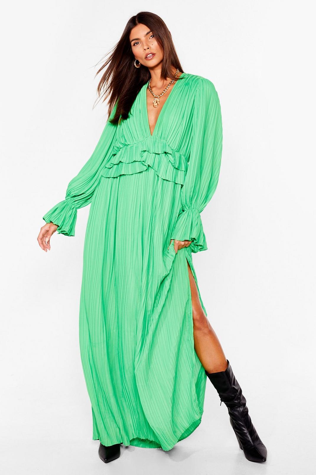 Bright green Frill Detail Maxi Dress with split leg image number 1