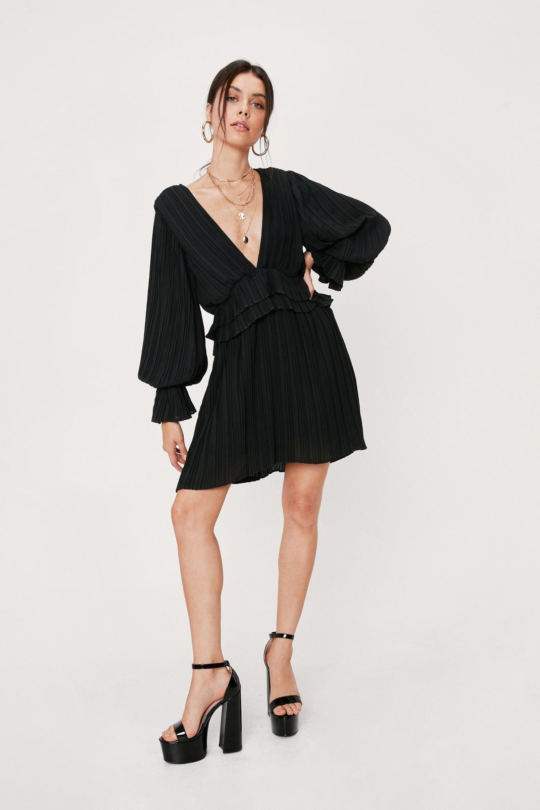 Black Pleated Ruffle Puff Sleeve Mini Dress image number 1