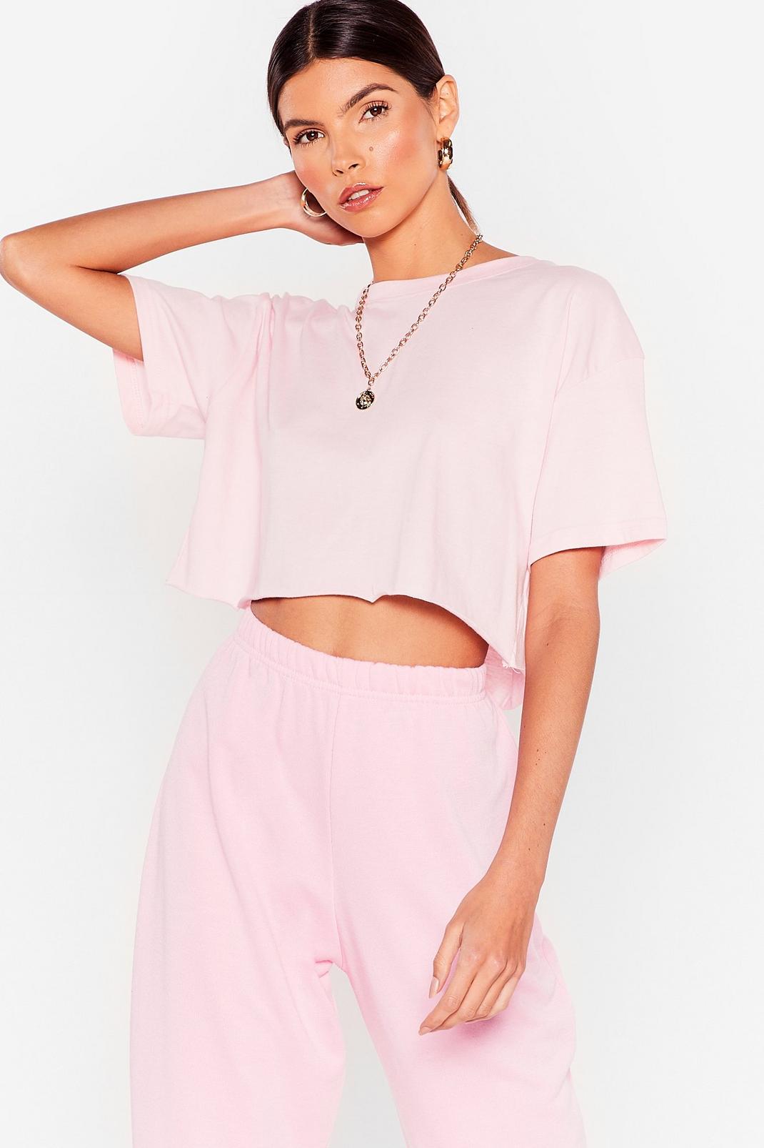 Pink Casual Oversized Cropped Short Sleeve T-Shirt image number 1