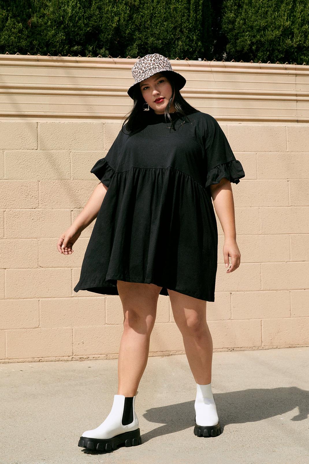 Black Plus Size Ruffle Mini Smock Dress image number 1