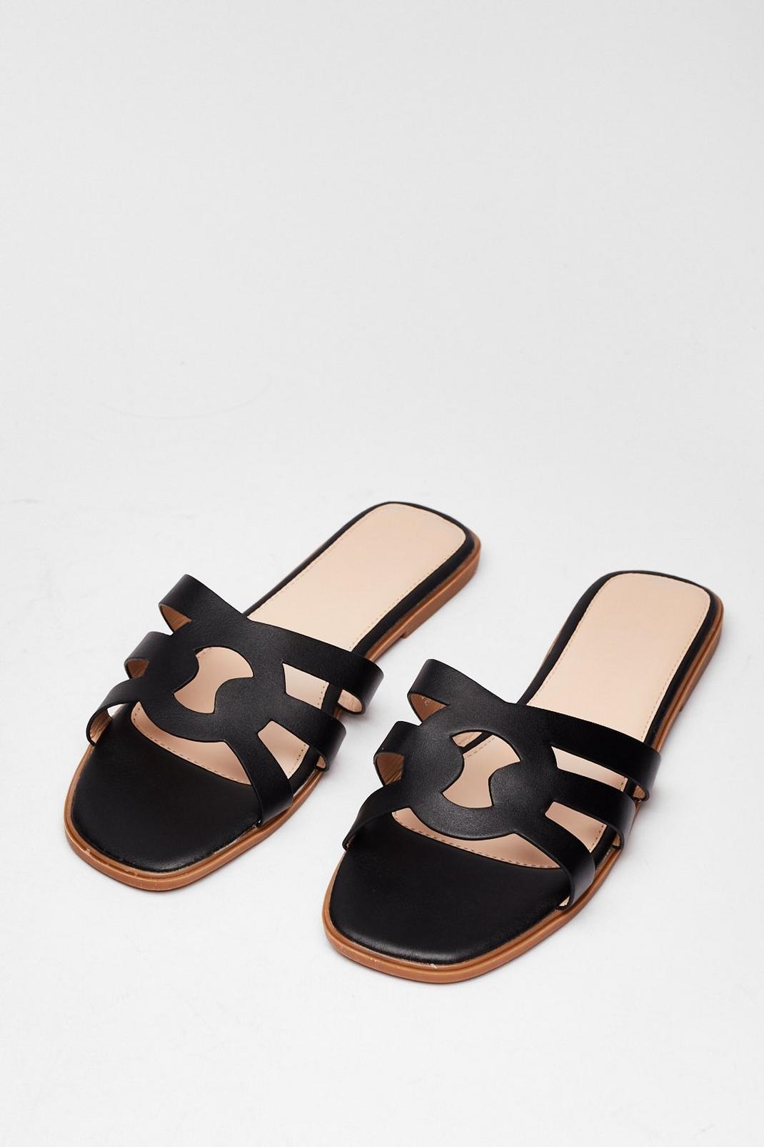 Black Faux Leather Cut Out Flat Sandals image number 1