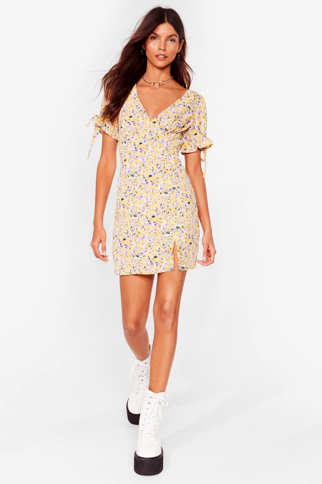 Yellow Floral Tie Sleeve A Line Mini Dress image number 1