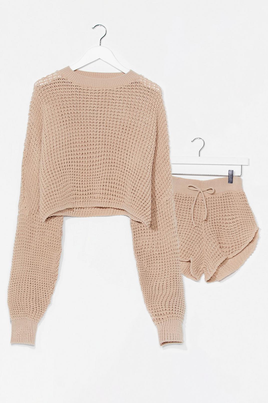 Oatmeal Cropped Knitted Sweater and Shorts Lounge Set image number 1