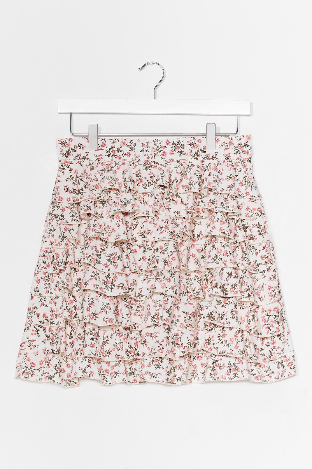 White Ditsy Floral Tiered Ruffle Mini Skirt image number 1