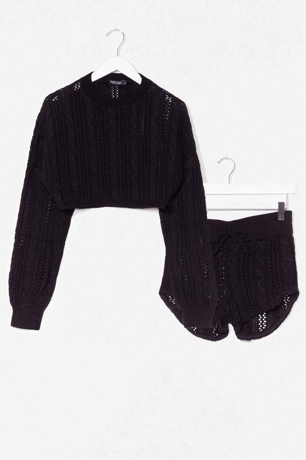 Black Pointelle Knitted Shorts Loungewear Set image number 1