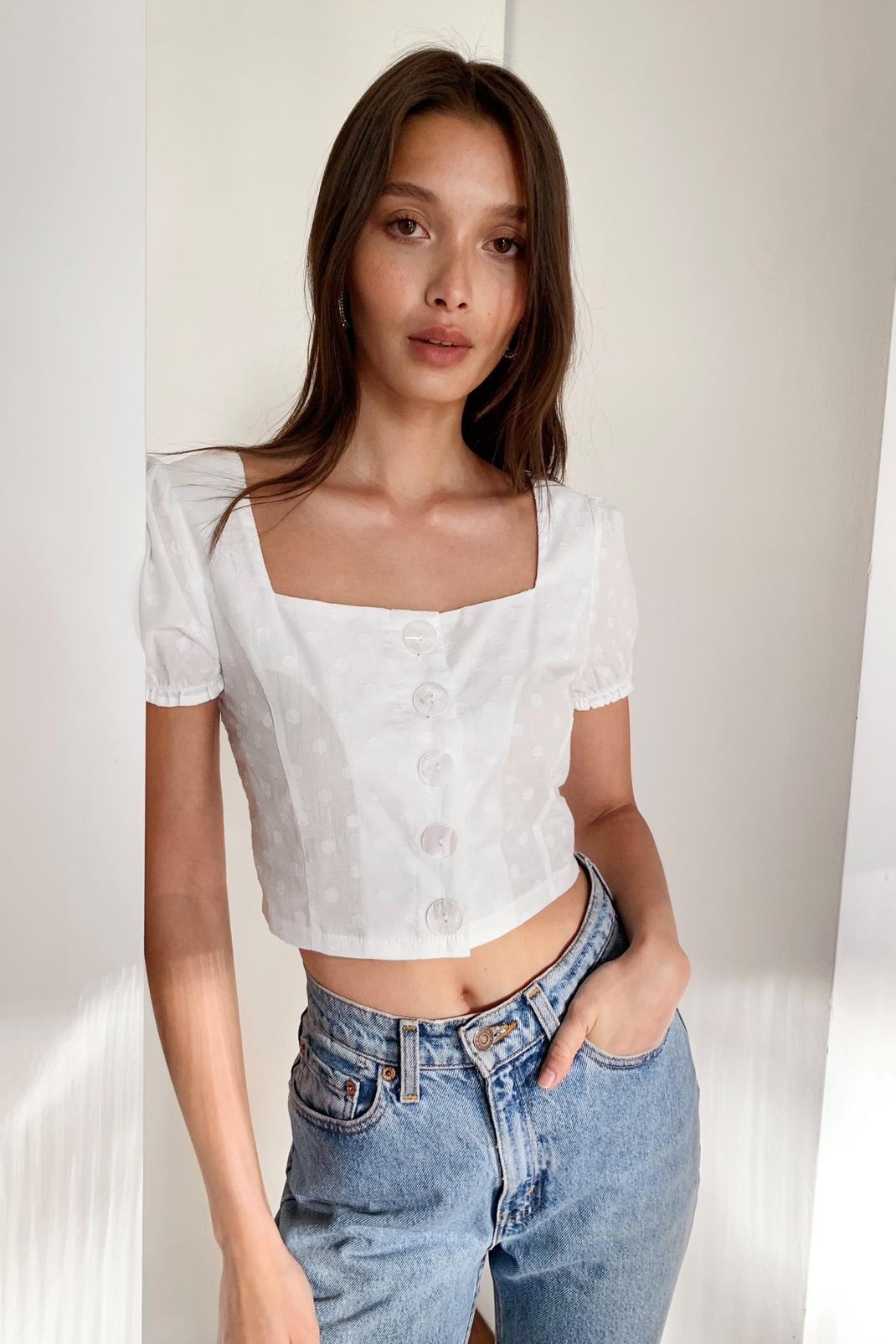 White Puff Sleeve Crop Blouse image number 1