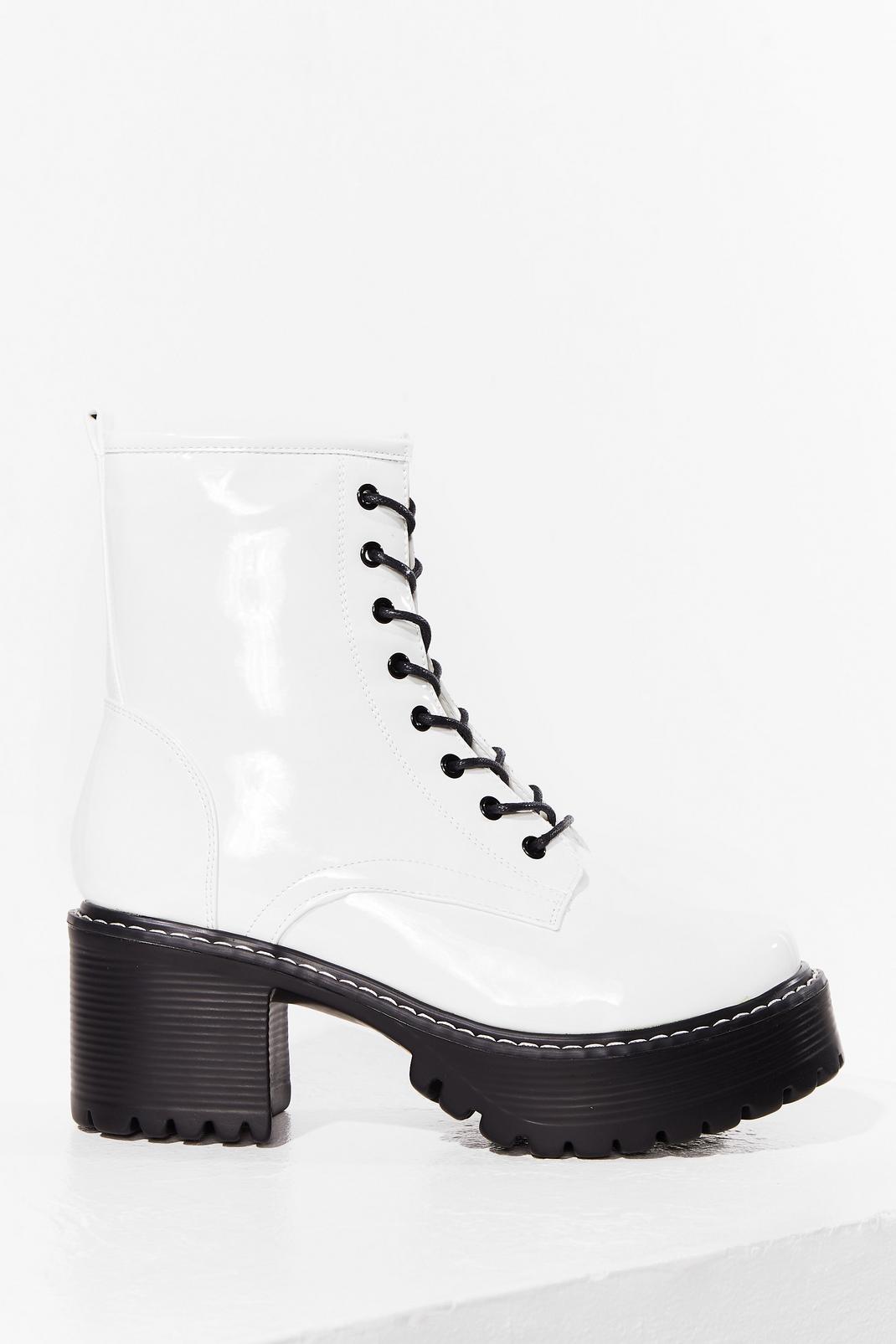 Walk Out Patent Faux Leather Lace-Up Biker Boots image number 1