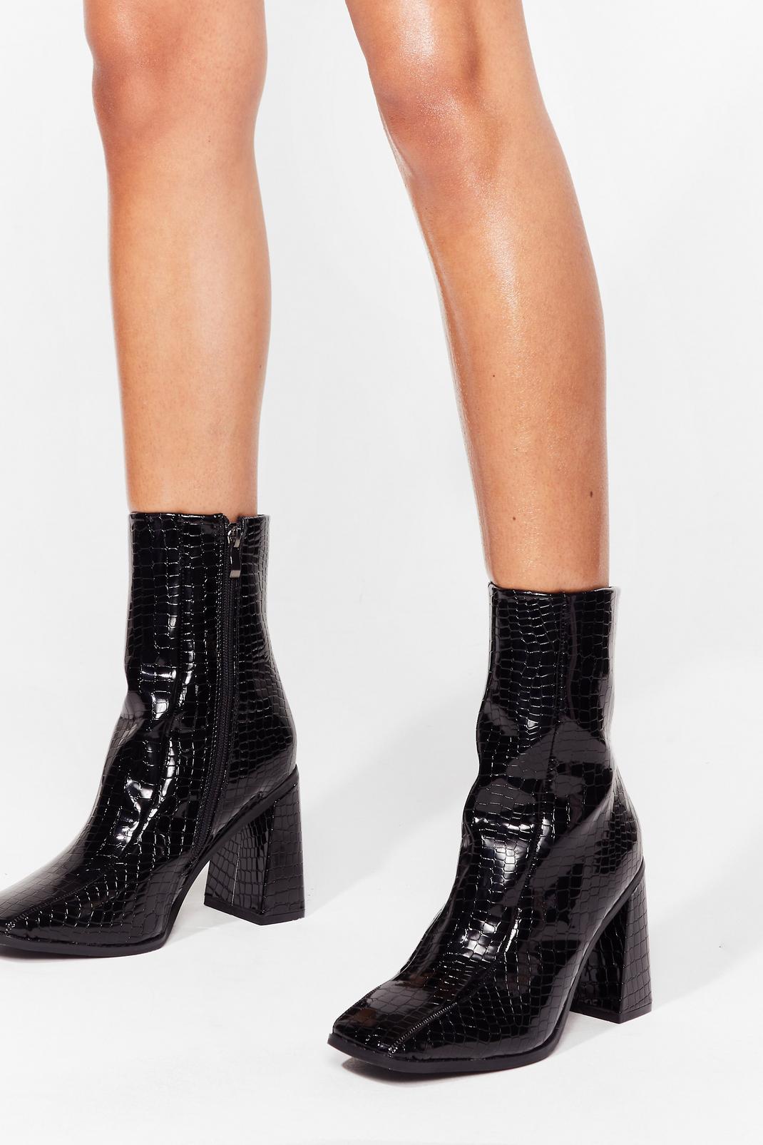 Black Square Up Patent Croc Heeled Boots image number 1