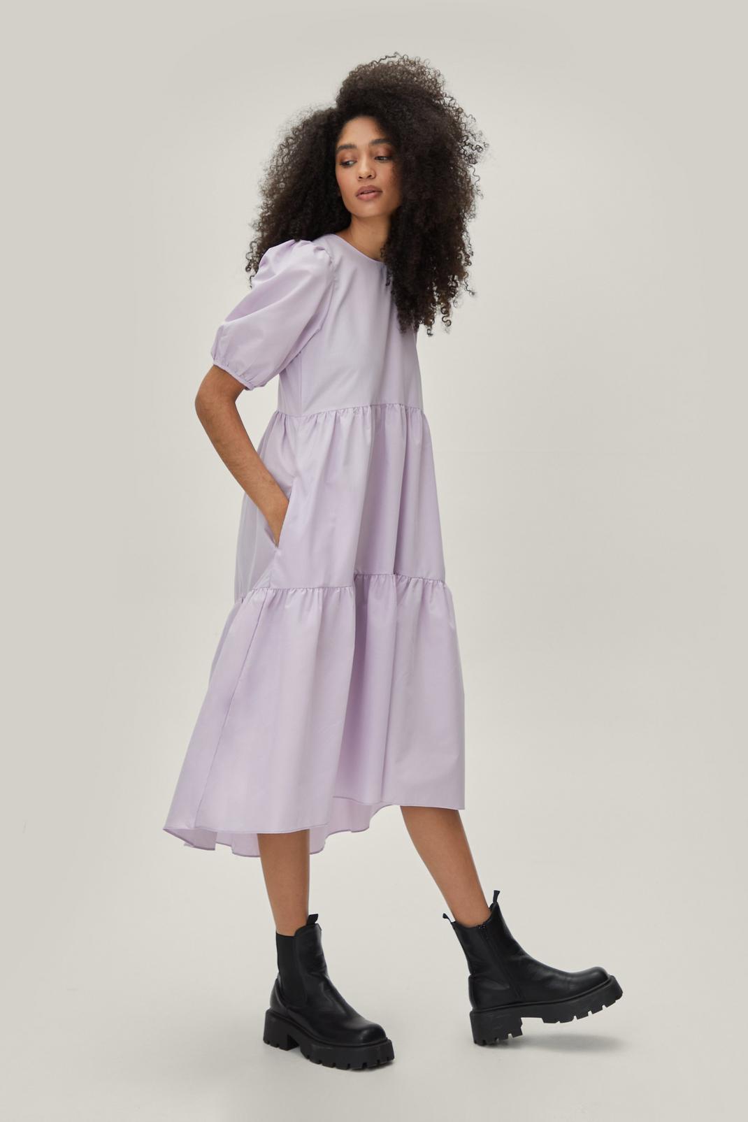 Lilac Puff Sleeve Crew Neck Tiered Midi Dress image number 1