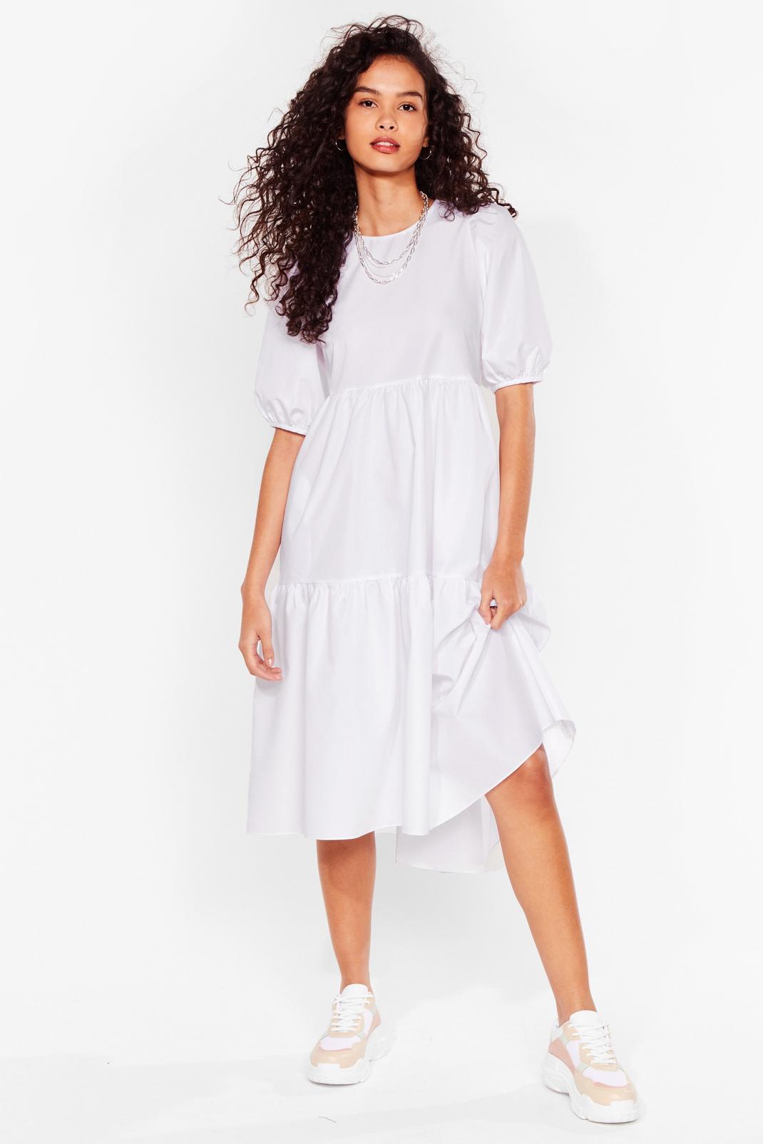 White Puff Sleeve Crew Neck Tiered Midi Dress image number 1