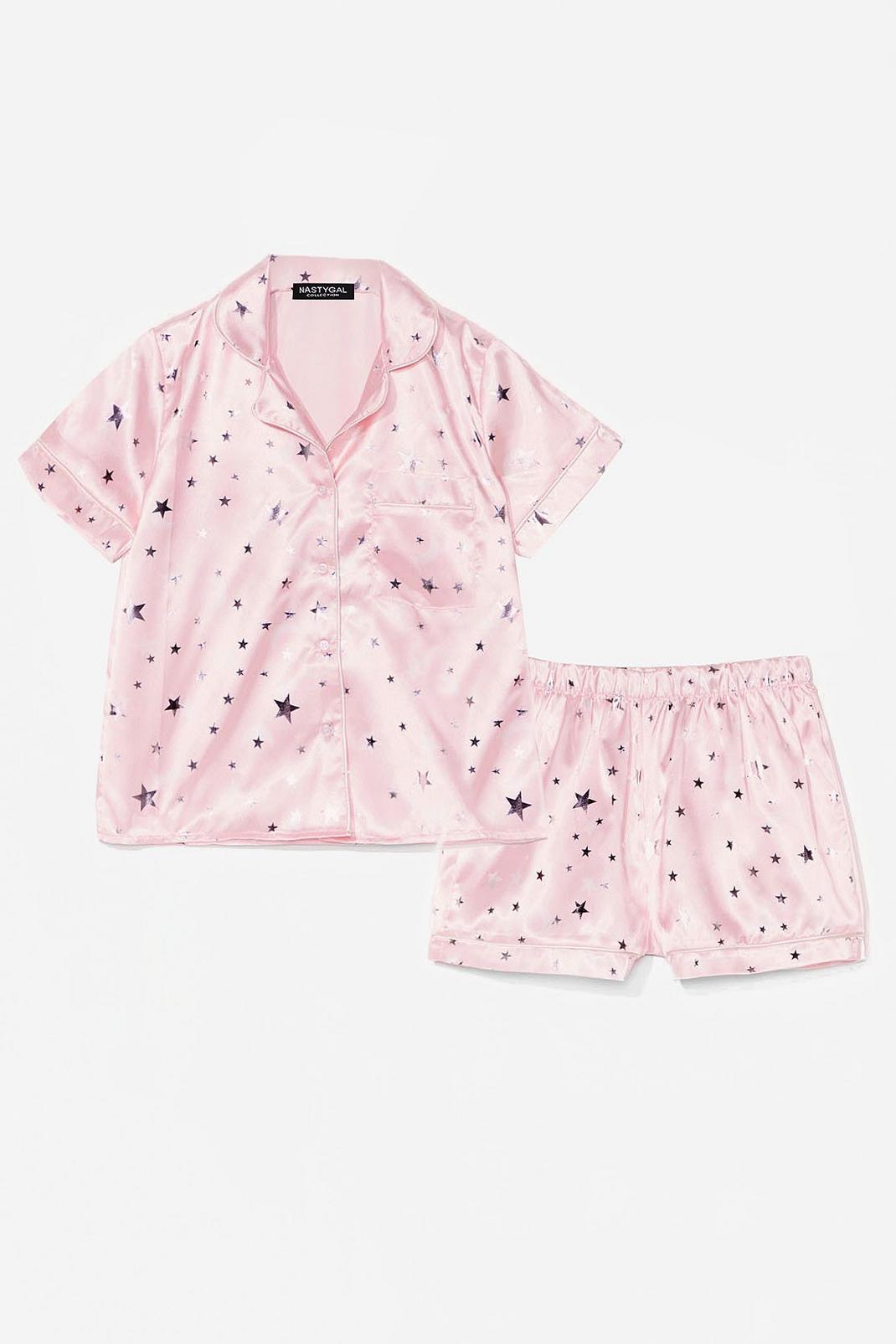 Pyjama en satin chemise & short à imprimé étoiles Tu fais trop ta star, Pink image number 1