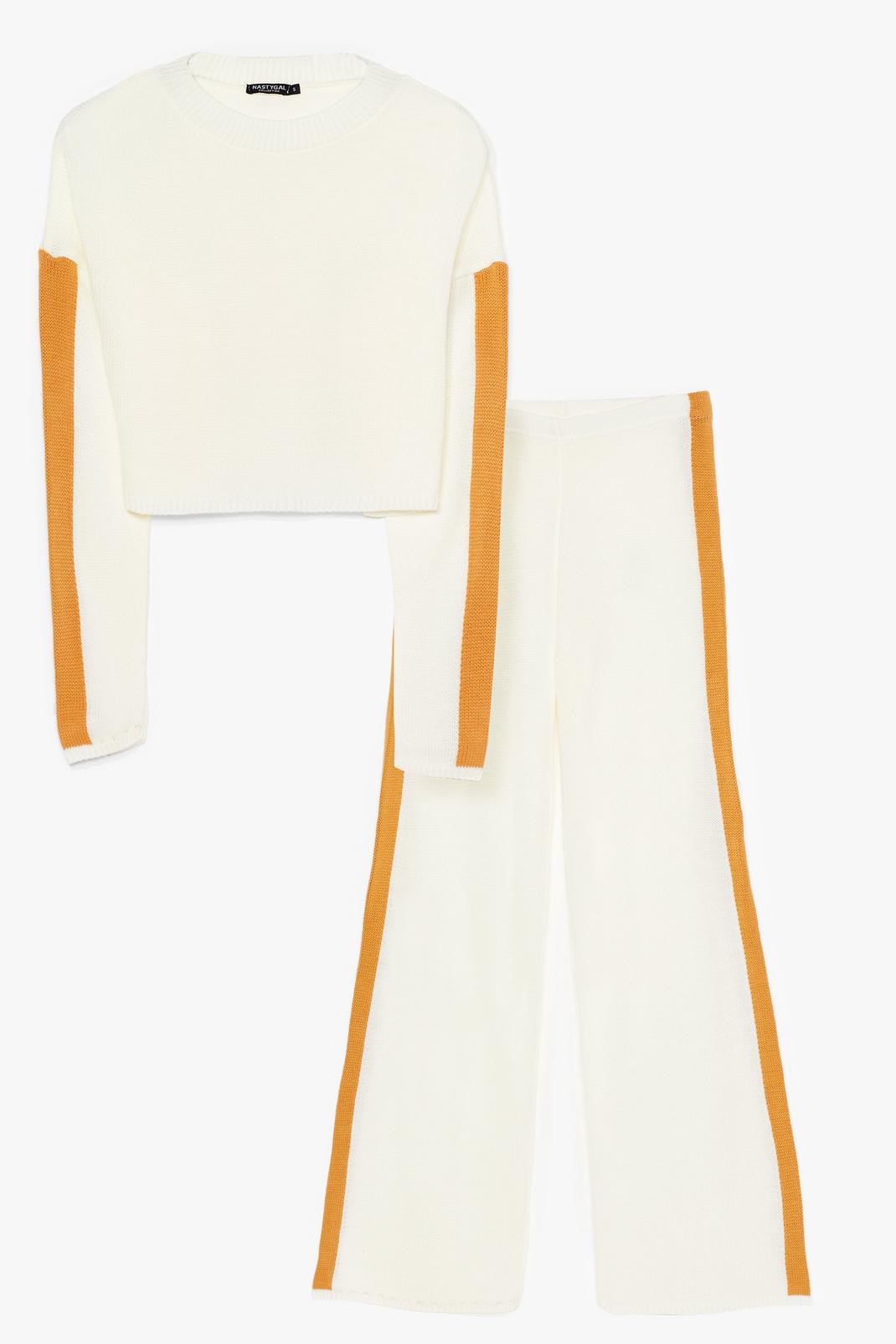 Ecru Striped Knit Wide Leg Loungewear Set image number 1