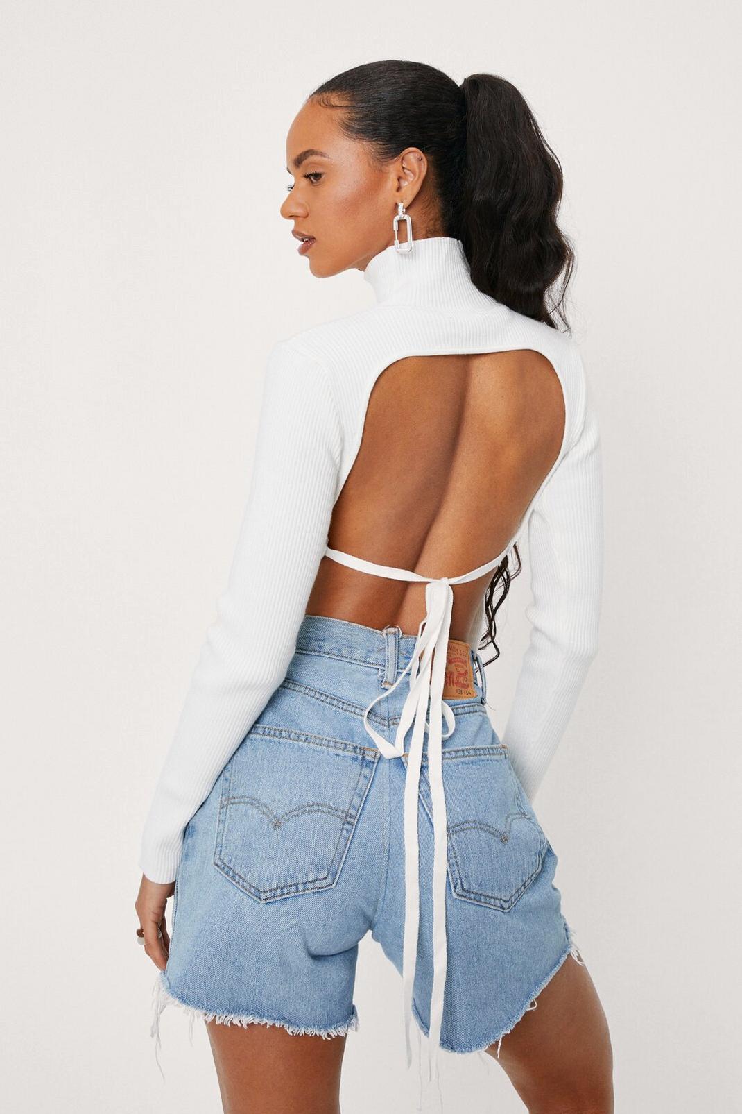 White Backless Turtleneck Knitted Top image number 1