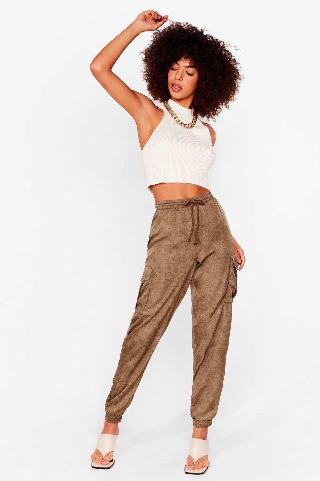 Khaki Cuffed High Waisted Cargo Trousers image number 1
