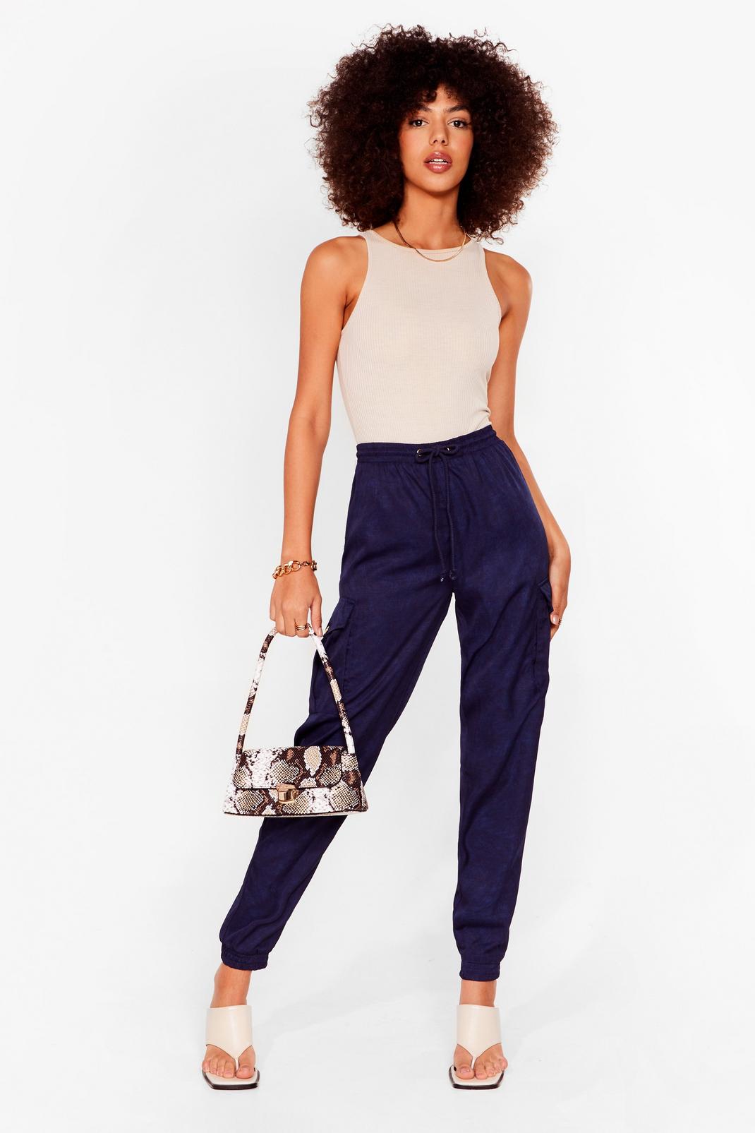 Navy Cuffed High Waisted Cargo Pants image number 1