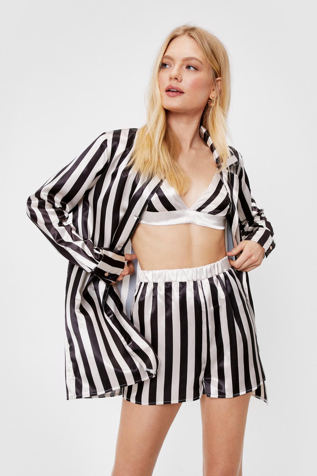Black Satin Striped 3-Pc Pajama Shorts Set image number 1
