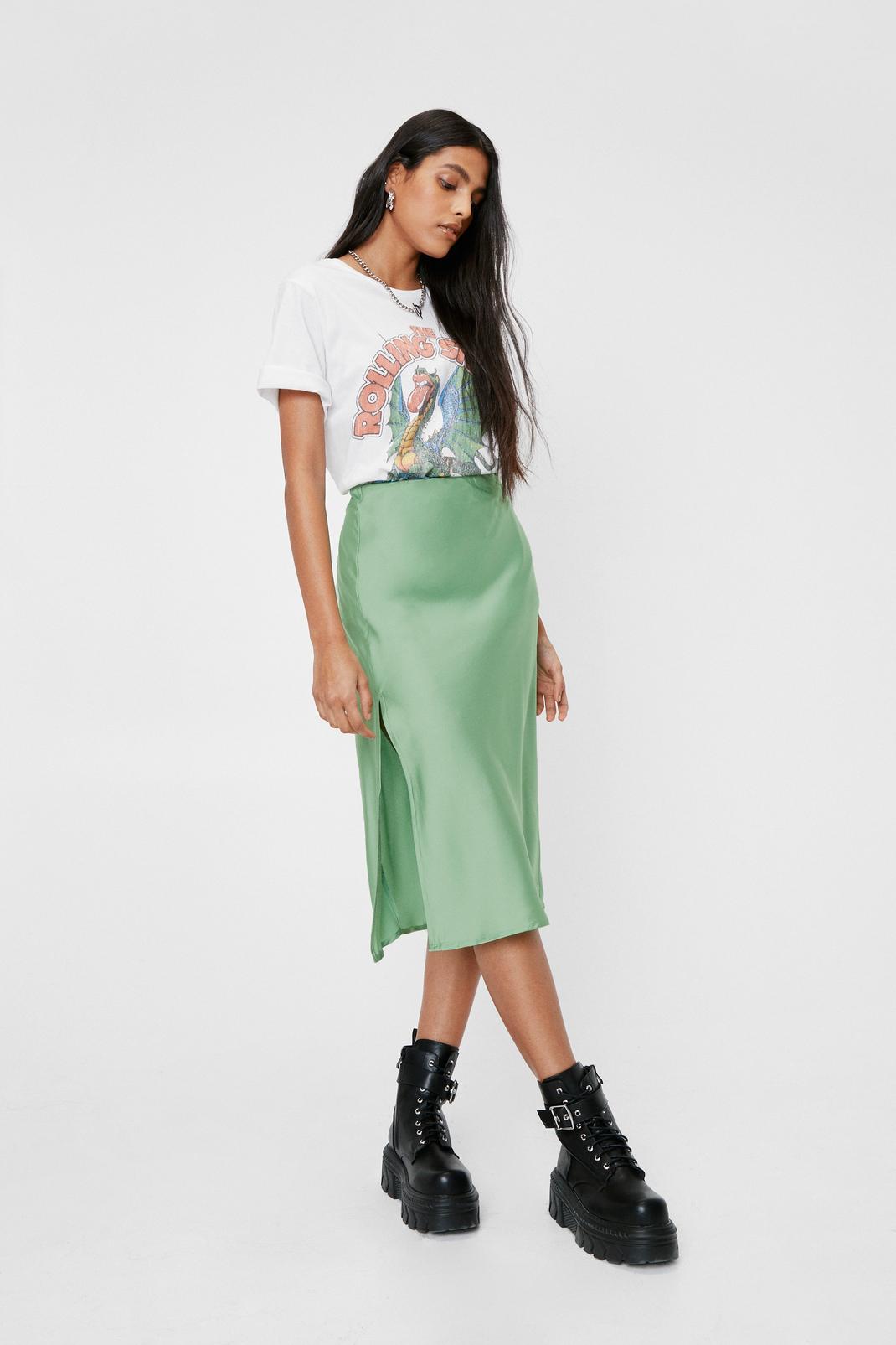 Green Satin Slit Midi Skirt image number 1