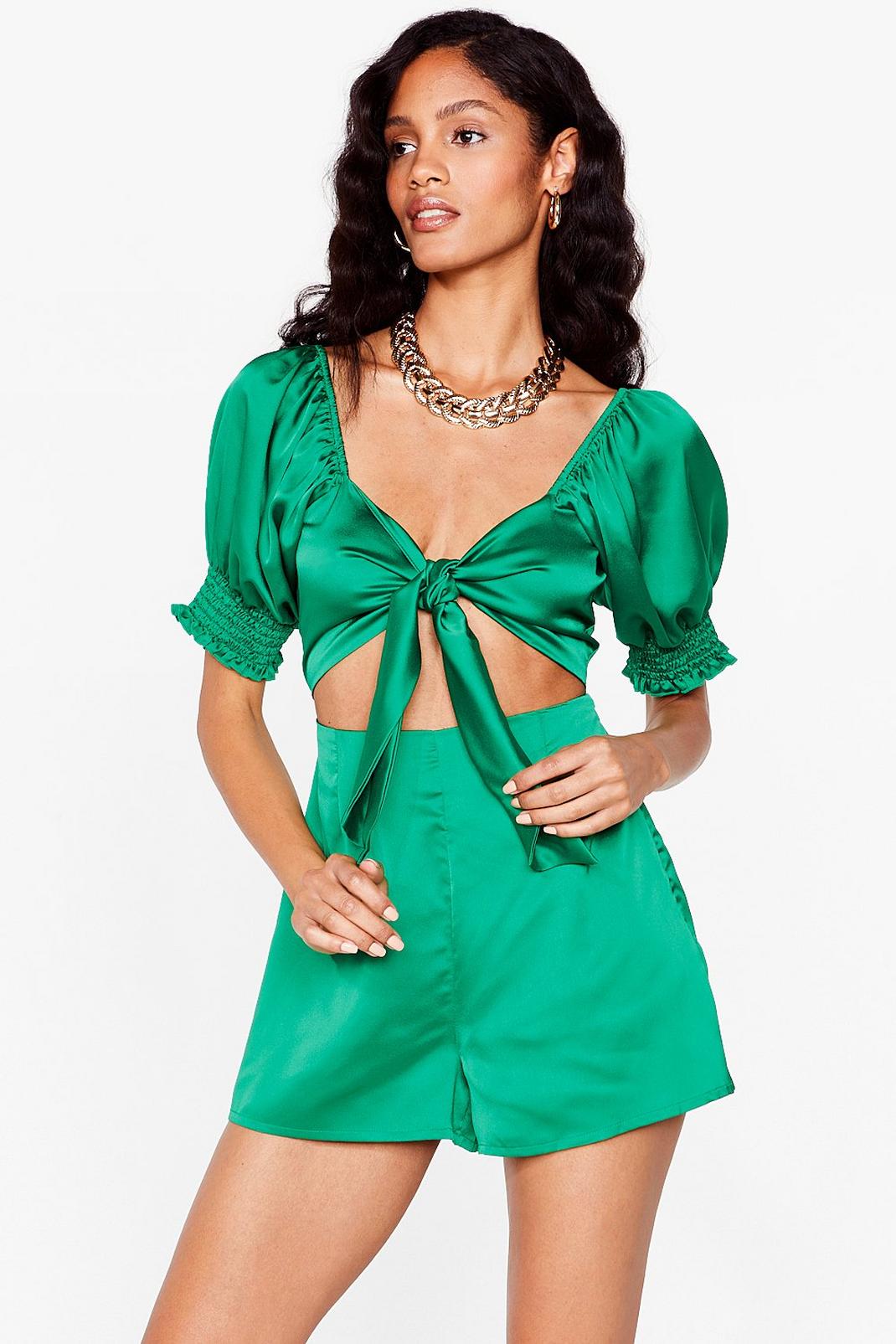 Green Satin Tie Front Puff Sleeve Playsuit image number 1