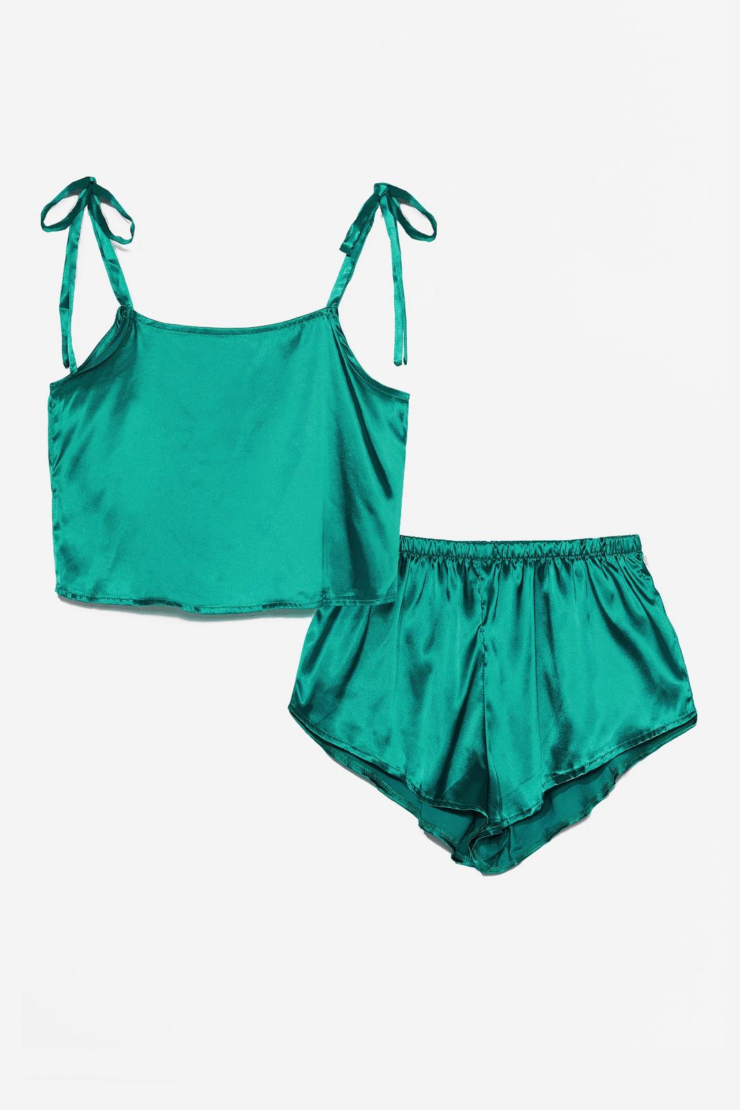 Emerald Satin Cami Top and Shorts Pajama Set image number 1