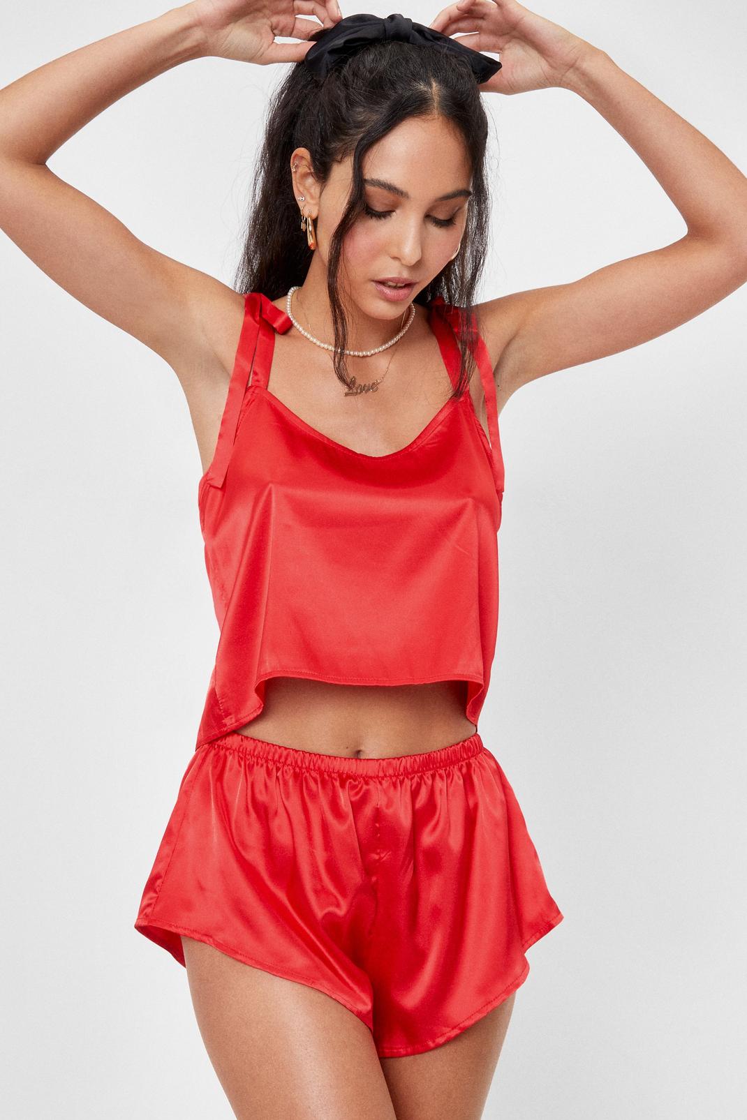 Red Satin Cami Top and Shorts Pajama Set image number 1