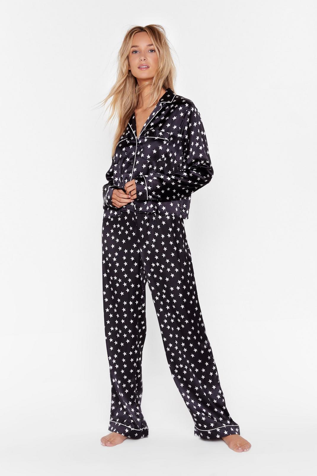 Pyjama satiné chemise & pantalon à imprimé étoiles , Black image number 1