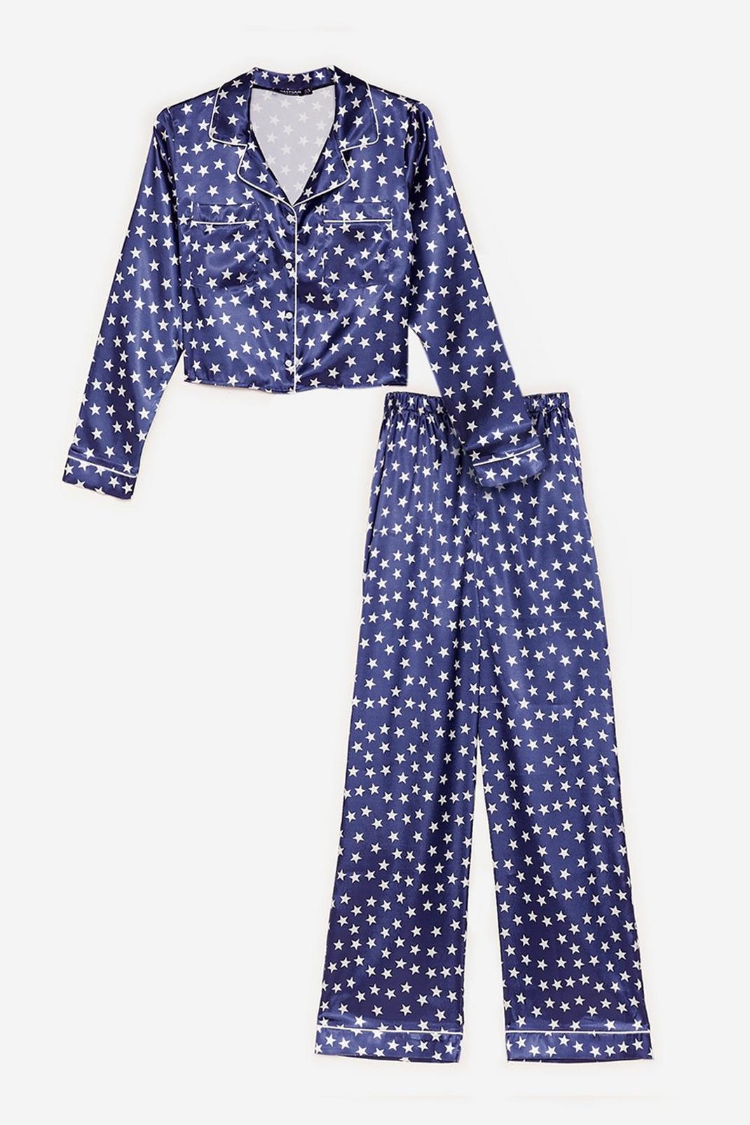 Navy Star-t the Party Satin Trousers Pyjama Set image number 1